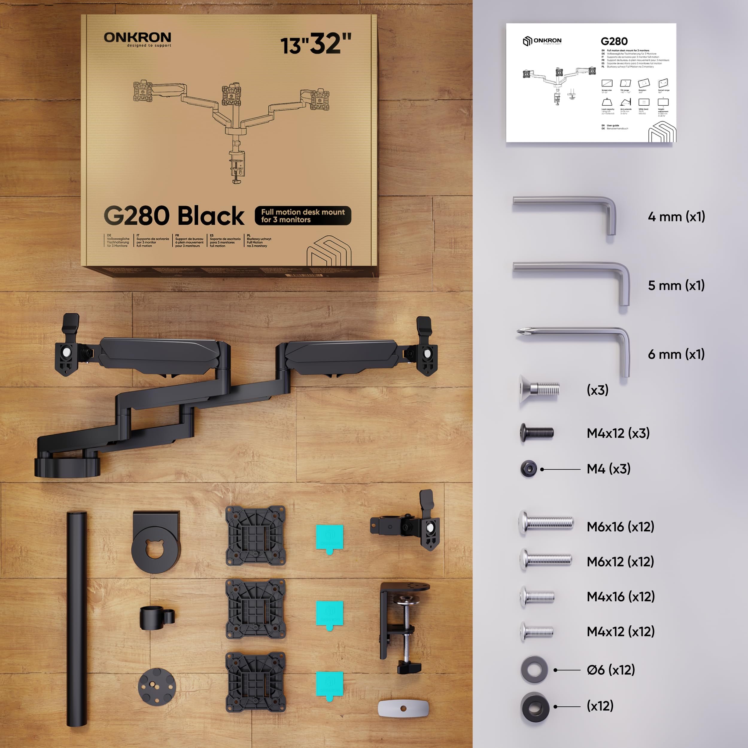 ONKRON Monitor Halterung 3 Monitore für 13-32 Zoll, bis 8 kg pro Arm, Monitorhalterung mit Gasdruckfeder, VESA 75x75-100x100, Triple Monitor Arm Stand drehbar, schwenkbar, neigbar Schwarz G280-B