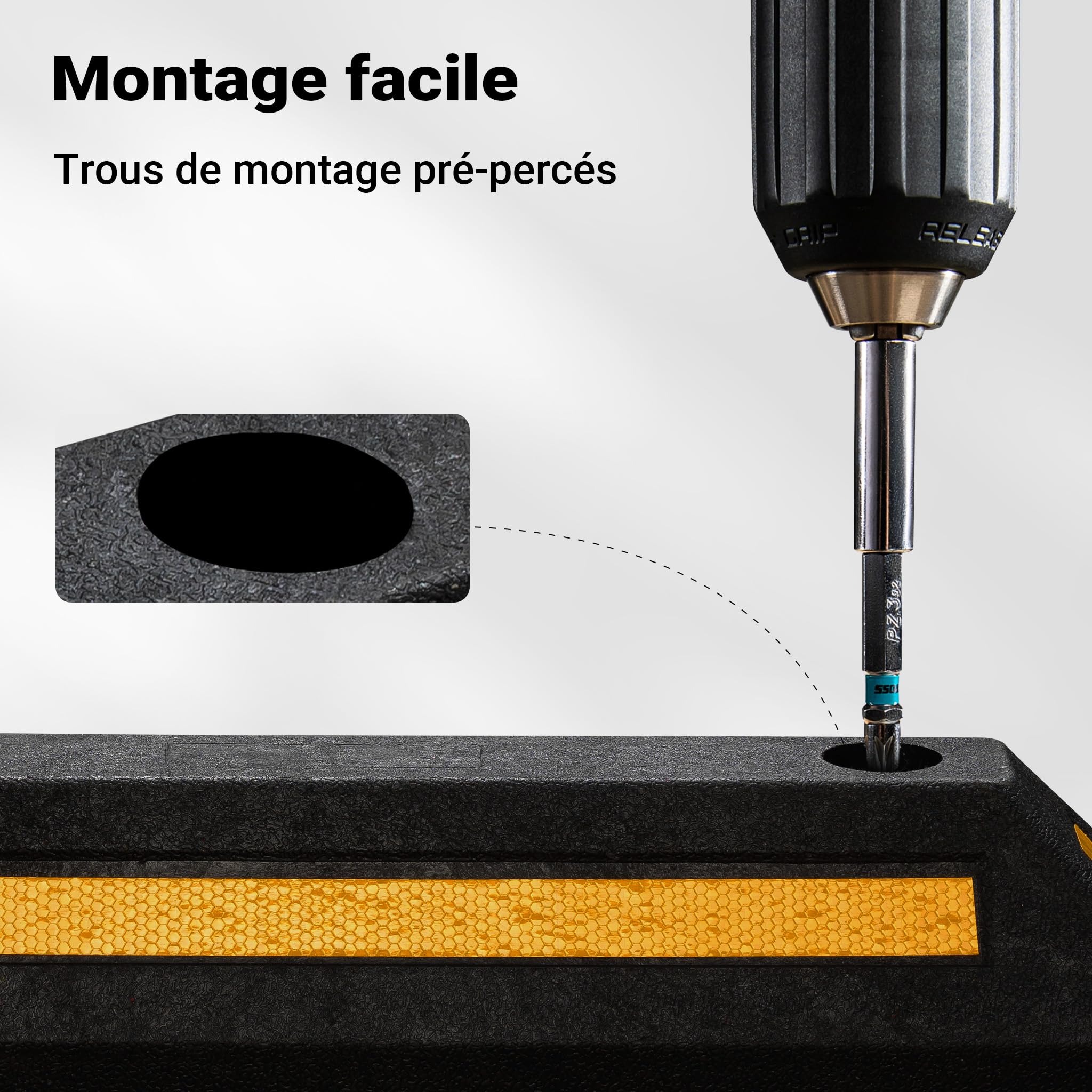Wiltec 2x butée de roue 56 x 15 x 10 cm – en Caoutchouc – 4,3 kg/pièce – avec Réflecteurs – Aide au stationnement Stop roues pour Parkings, Garages