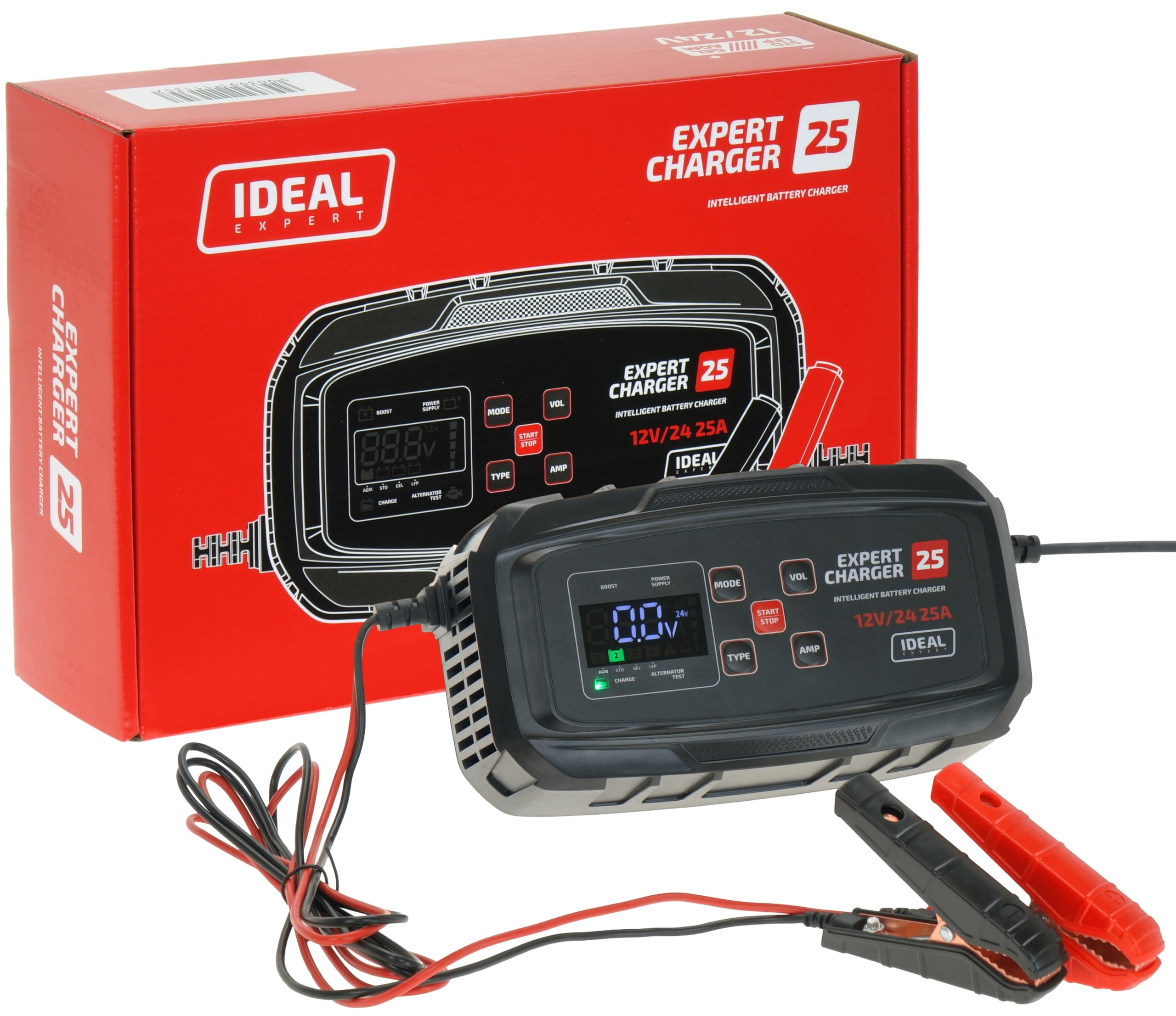 IDEAL EXPERT Charger 25 batterie auto caricabatterie 12 V 24 V – 25 A caricatore rapido e caricatore di mantenimento per auto, camion e moto, caricabatterie intelligente per auto AGM Gel LiFePO4 con
