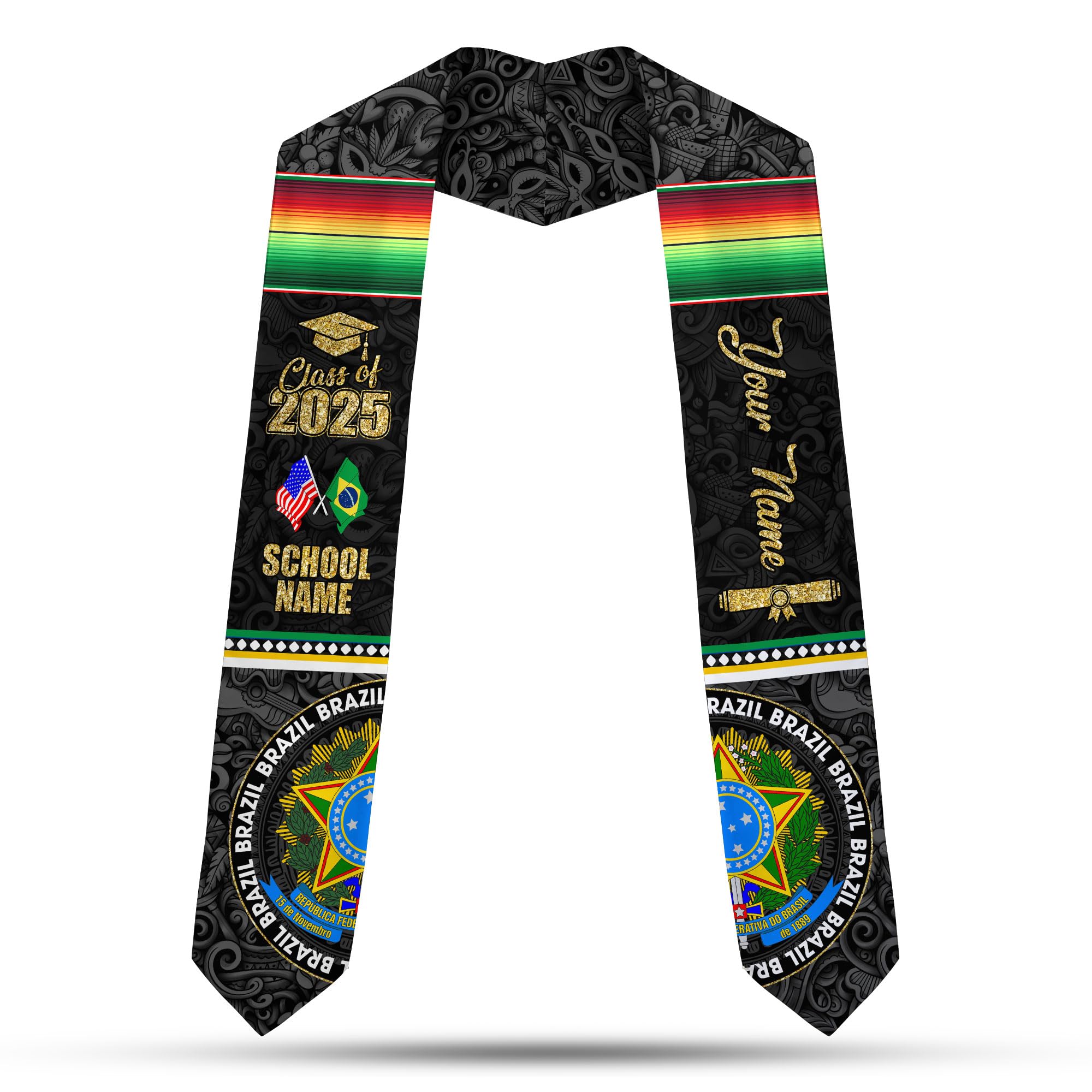 MonkeyVan Brazil Graduation Stole Custom Brazil American Flag Graduation Sash Brazilian Flag Graduation Stole Class of 2025 Bz13