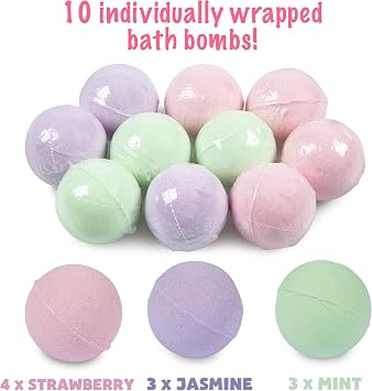 abeec 10 Bath Bombs – Bath Bomb Set in Scents: Strawberry, Jasmine and Mint – 10 Bath Bombs for Kids – Fizzy Bubble Bath Sets for Women’s Gifts – Bubble Bath
