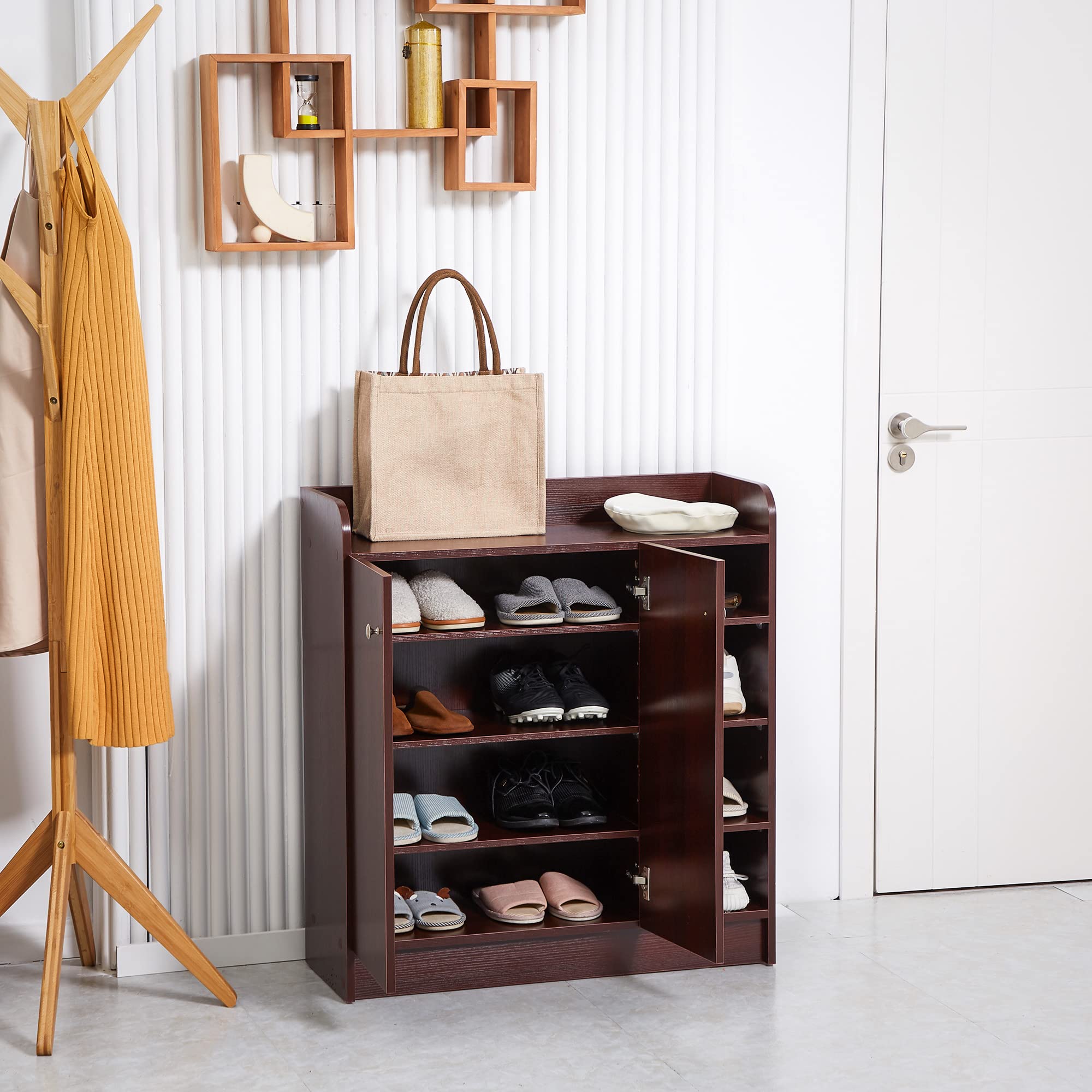 HOMCOM Scarpiera Ingresso con 4 Ripiani Aperti, Scarpiera Armadio Multiuso con Armadietto a 2 Ante e Ripiani Regolabili, Porta Scarpe Salvaspazio per 12 Paia, 83x30x90 cm, Caffè