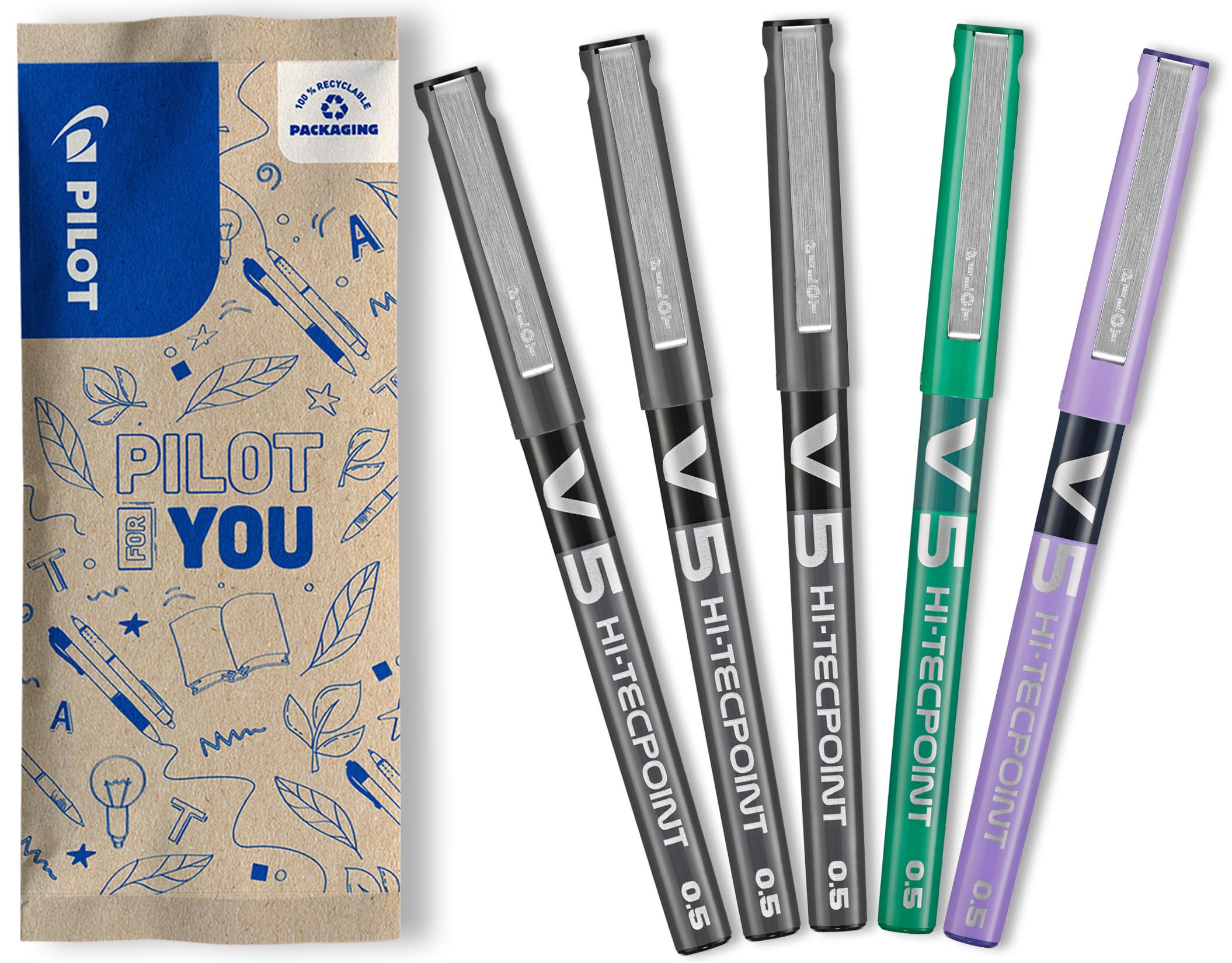 PILOT - 5er-Set Hi-Tecpoint V5 - Tintenroller Flüssigtinte und feiner Spitze für ein flüssiges, präzises Schriftbild - Schnell trocknend, nicht tropfend - 2xSchwarz + 1xGrun/Lila - Feine Spitze 0,5mm