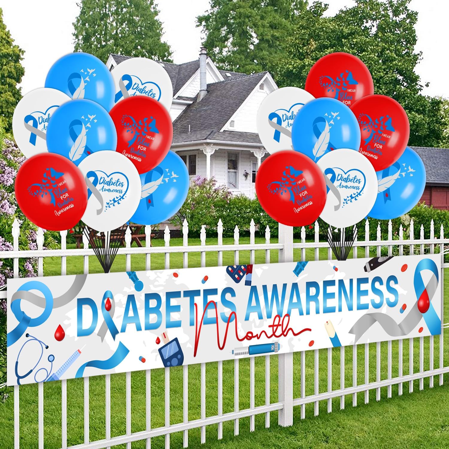 Diabetes Awareness Party Decorations,Include Banner and Balloons,Blue and Grey Ribbon Outdoor Yard Sign for National Diabetes Month Scene & Charity Party Supplies.