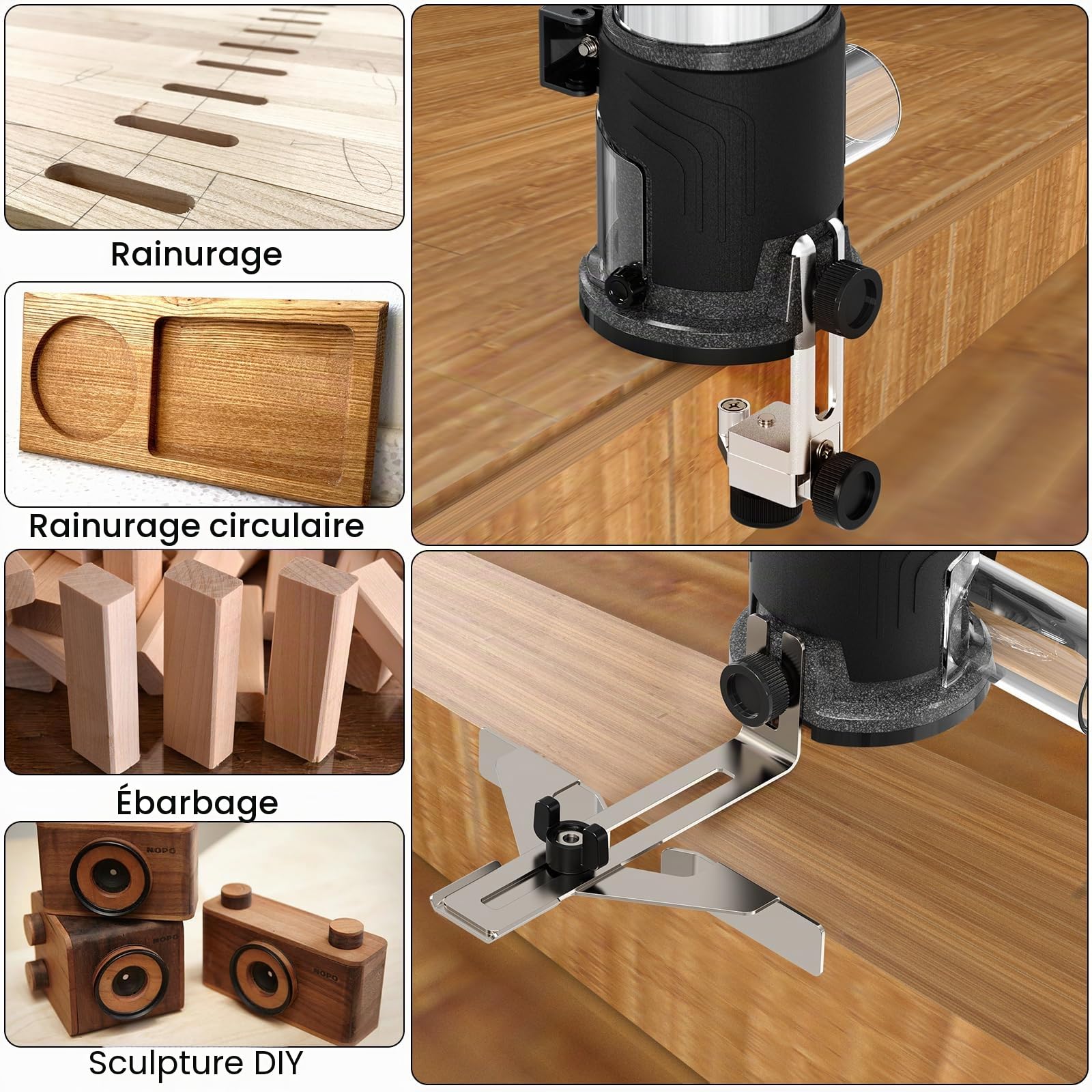 TWOWIN Outil de défonceuse à bois, 6,5 A, 1,25 CV, outil de défonceuse à bois portable, défonceuse compacte pour le travail du bois, 6 vitesses variables, base fixe, outil de travail du bois avec