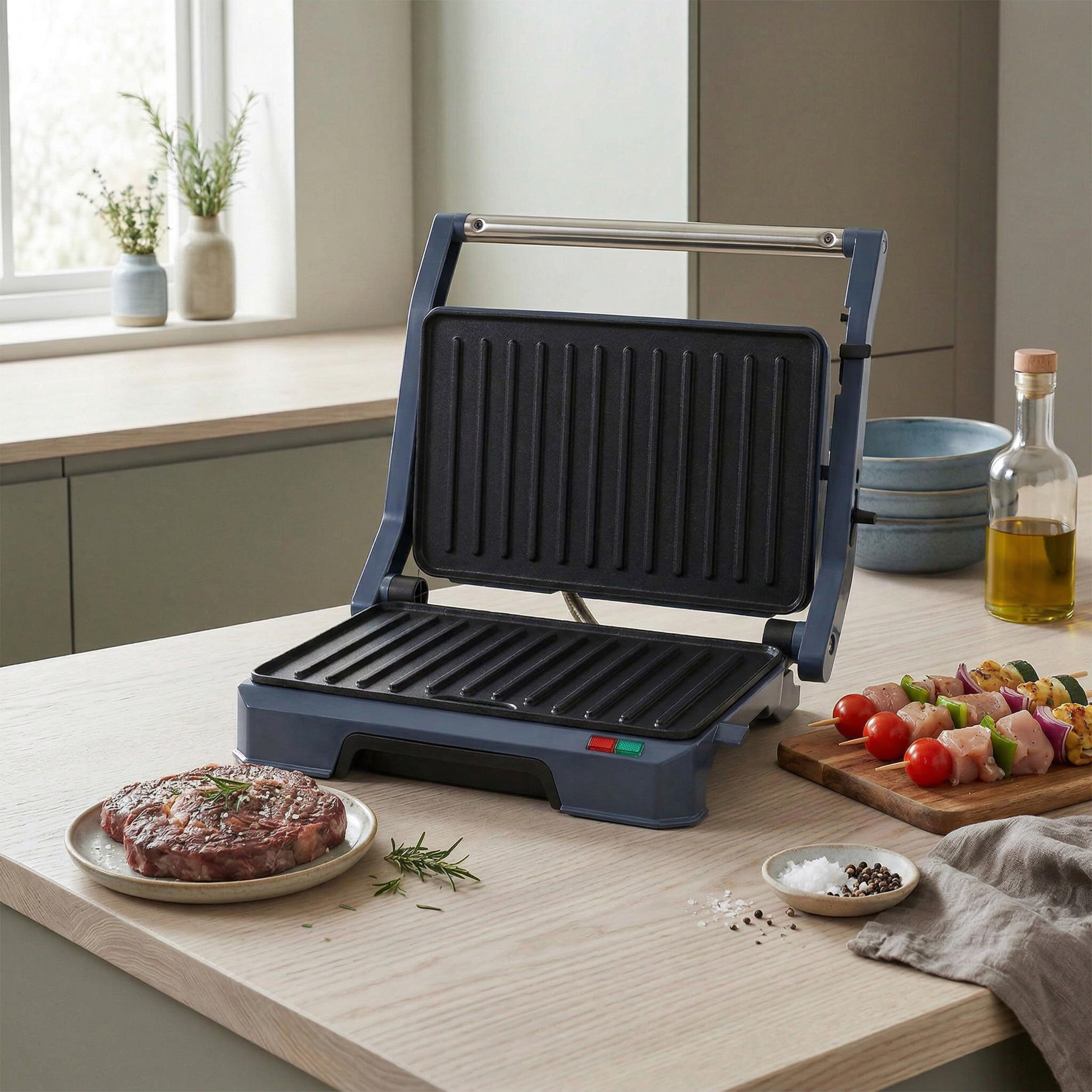Progress Mellow 180° Health Grill - Piastre di cottura antiaderenti, facile da pulire, vassoio raccogli-gocce integrato, spie luminose di accensione/pronto all’uso, 23 x 14.5 cm, 850 W