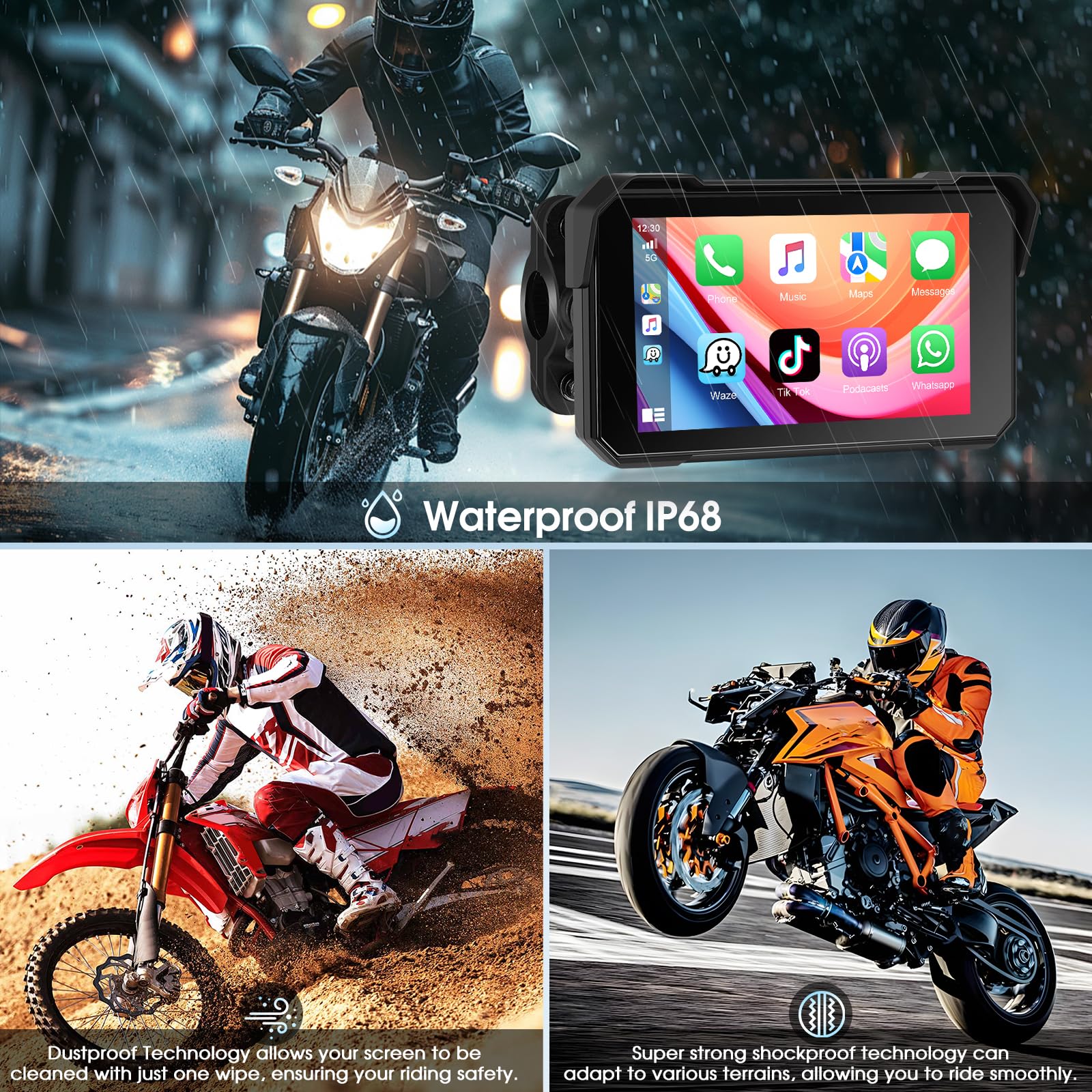 Navigatore Moto Wireless con Apple CarPlay Android Auto, IP68, Touchscreen 5 Pollici HD, GPS, Bluetooth 5.0