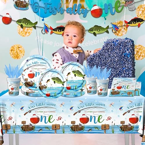 Miniatura 2 de Ofishally - Decoraciones de un cumpleaños, 142 piezas de suministros de fiesta de primer cumpleaños con texto en inglés "Our Little Man Is Ofishally