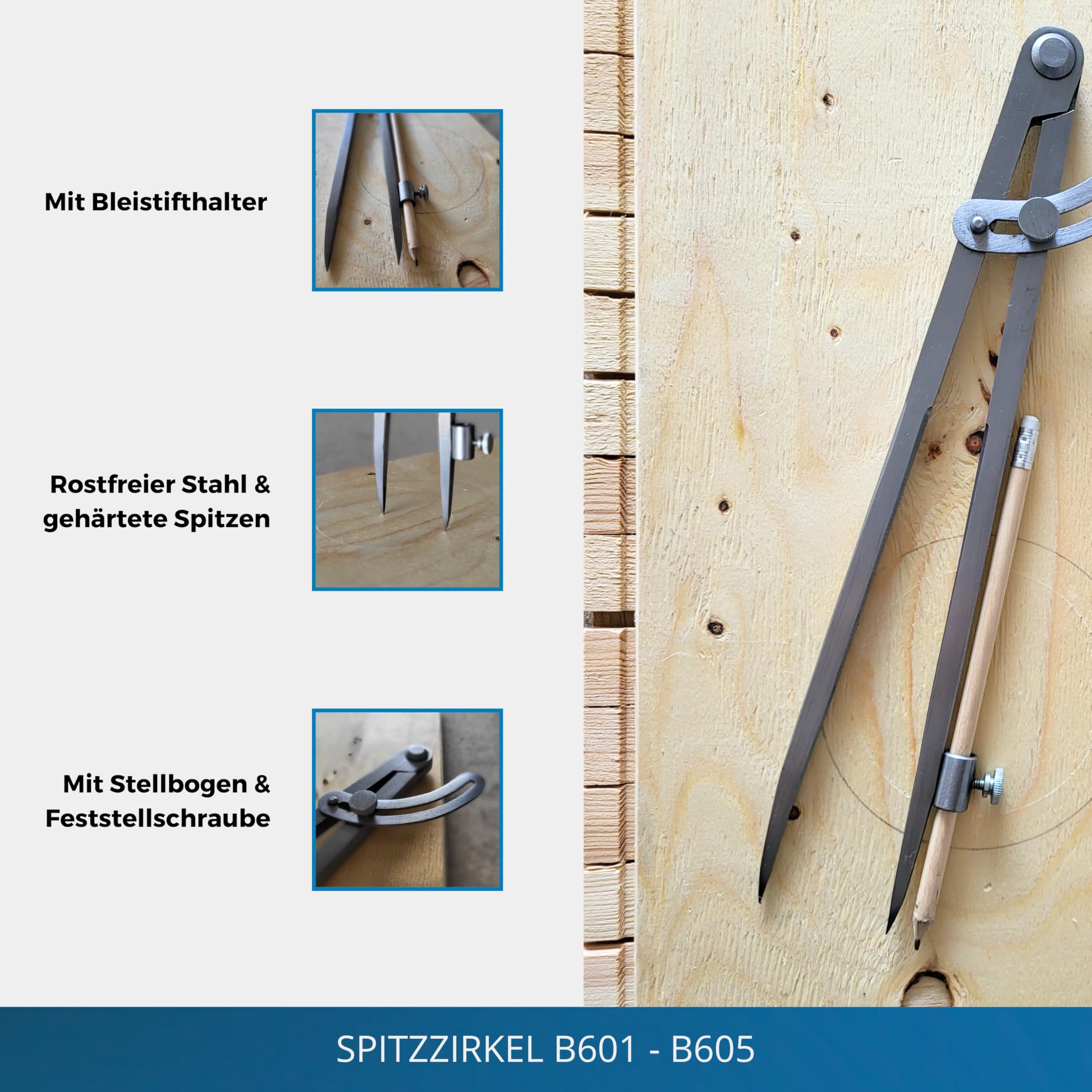Spitzzirkel B605 - Anreißzirkel mit Stifthalter & Stellbogen, Tischler Zirkel Holzbearbeitung, Stechzirkel aus gehärtetem Stahl, 500 mm