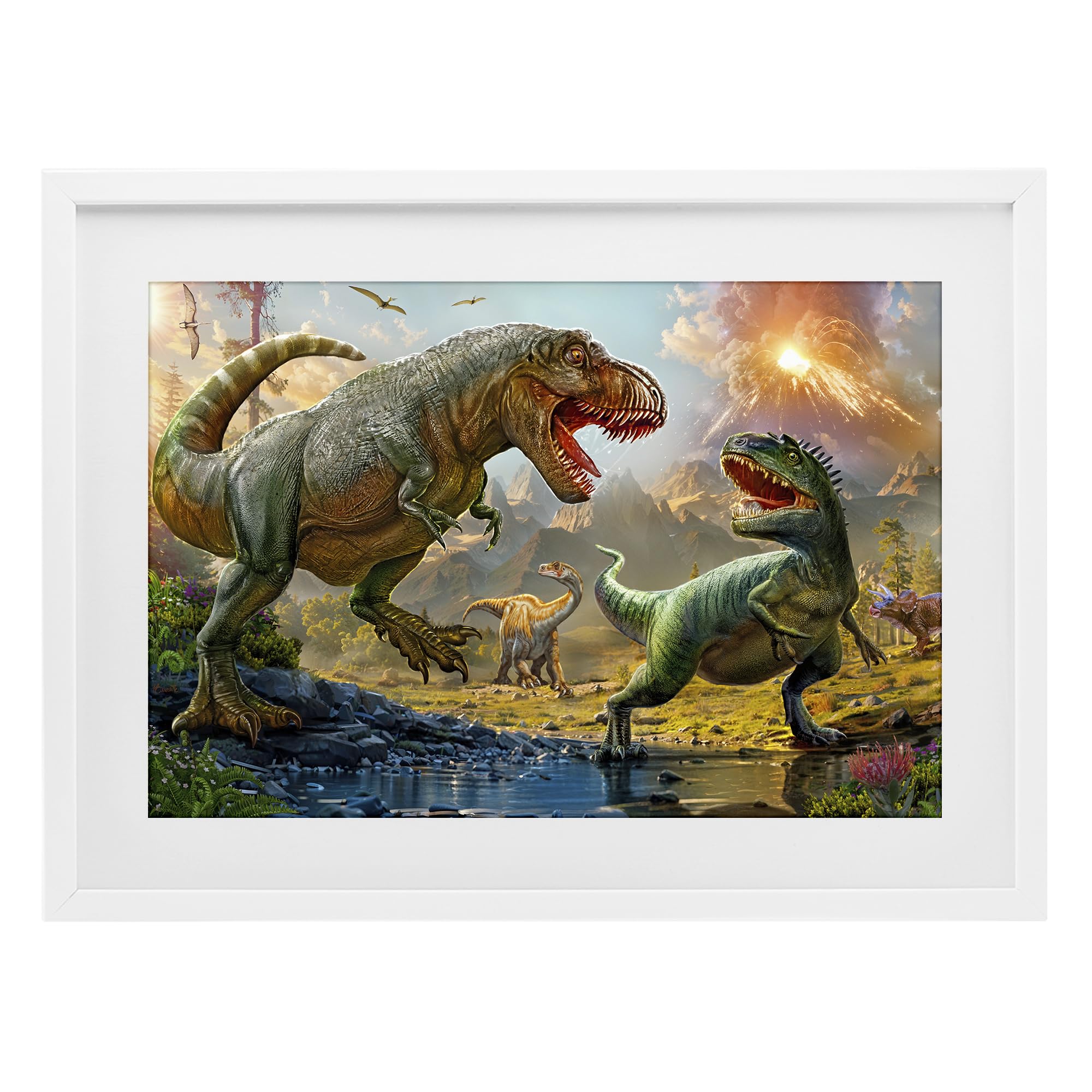 'T-Rex Encounter at Riverbank'| Framed Print Under Glass