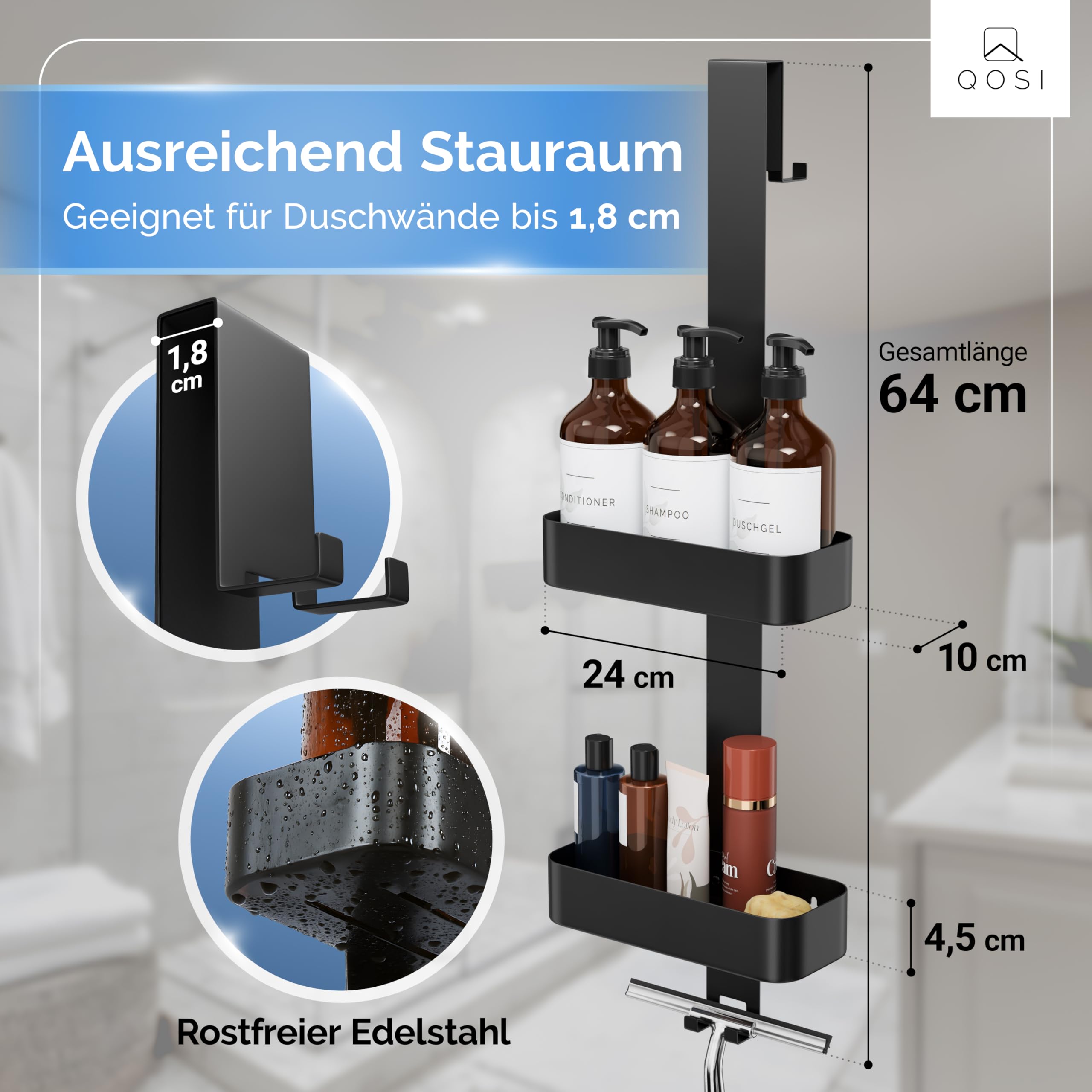 Duschablage zum Hängen inkl. 3 Shampoo Flaschen | Dusch Ablage aus rostfreiem Edelstahl | Duschkorb zum hängen für dein Spa-Feeling im eigenen Bad | Duschregal ohne bohren | Shower Shelf