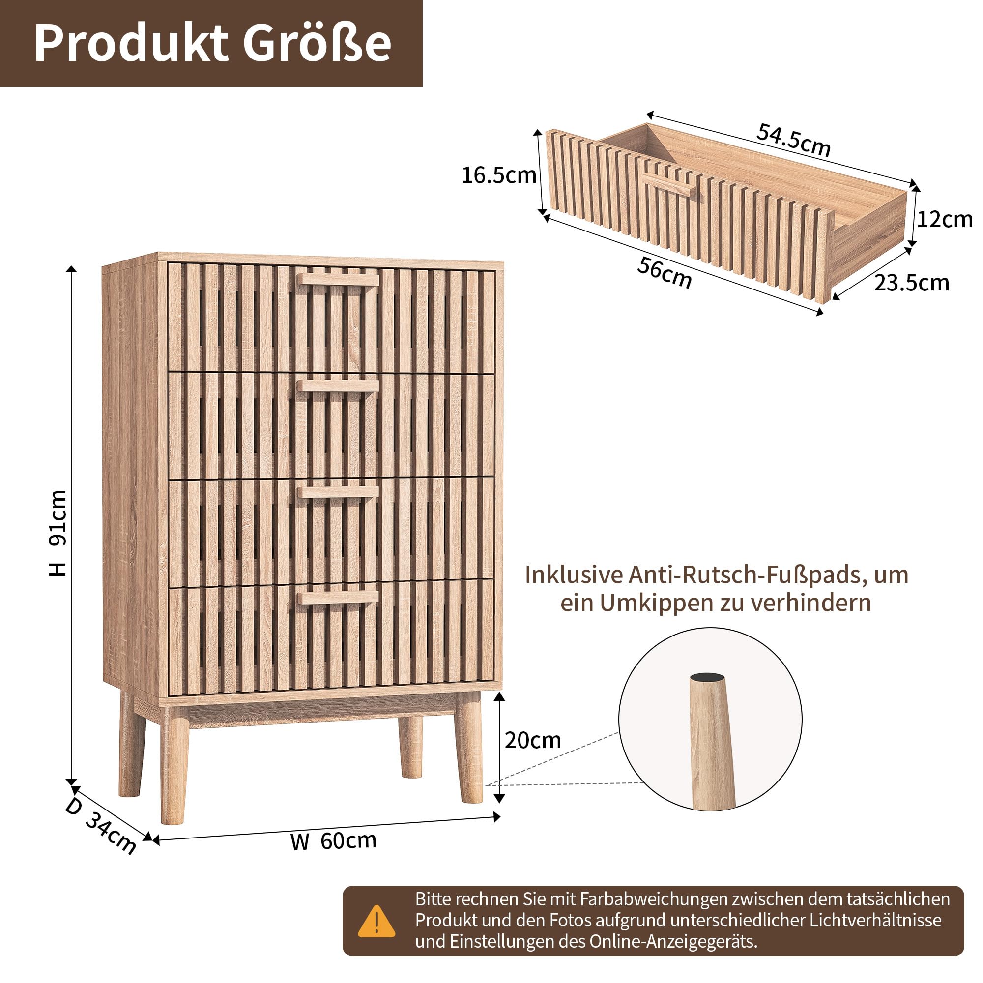 BRILVERDE Cómoda con 4 cajones, mesita de noche con cajón y estante abierto, mesa auxiliar de madera, armario para dormitorio, pasillo, salón, 60 x 34 x 91 cm (color madera natural-2)