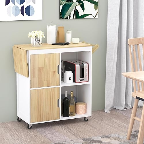 Miniatura 5 de Usinso Isla de cocina rodante, gabinetes de almacenamiento de isla de cocina sobre ruedas con encimera de hojas caídas, estantes de mango, carrito