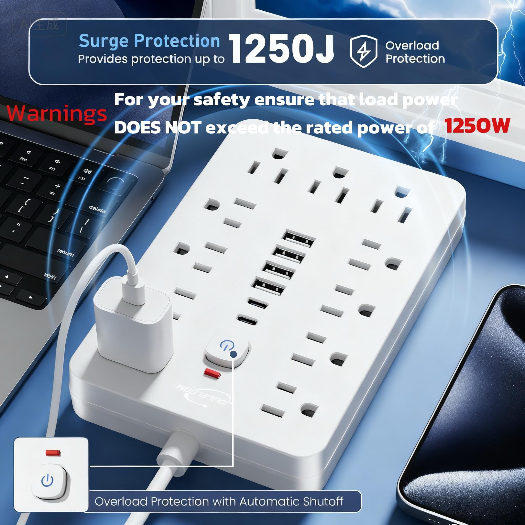 JouleLoom Überspannungsschutz-Steckdosenleiste mit flachem Stecker, 11 mehrere AC-Steckdosen mit 6 USB-Ports (2 USB C), 1,8 m Verlängerungskabel, 1250 W/10 A, One-Touch-Schalter-Taste, 17-in-1