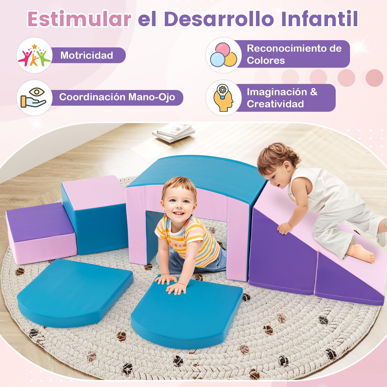 COSTWAY Juego de 6 Bloques de Espuma para Niños de 12 Meses+, Grande, Bloques de psicomotricidad Infantil para Escalar y Gatear, Suave, Soft Play Corner Climber (Rosa y Morado)