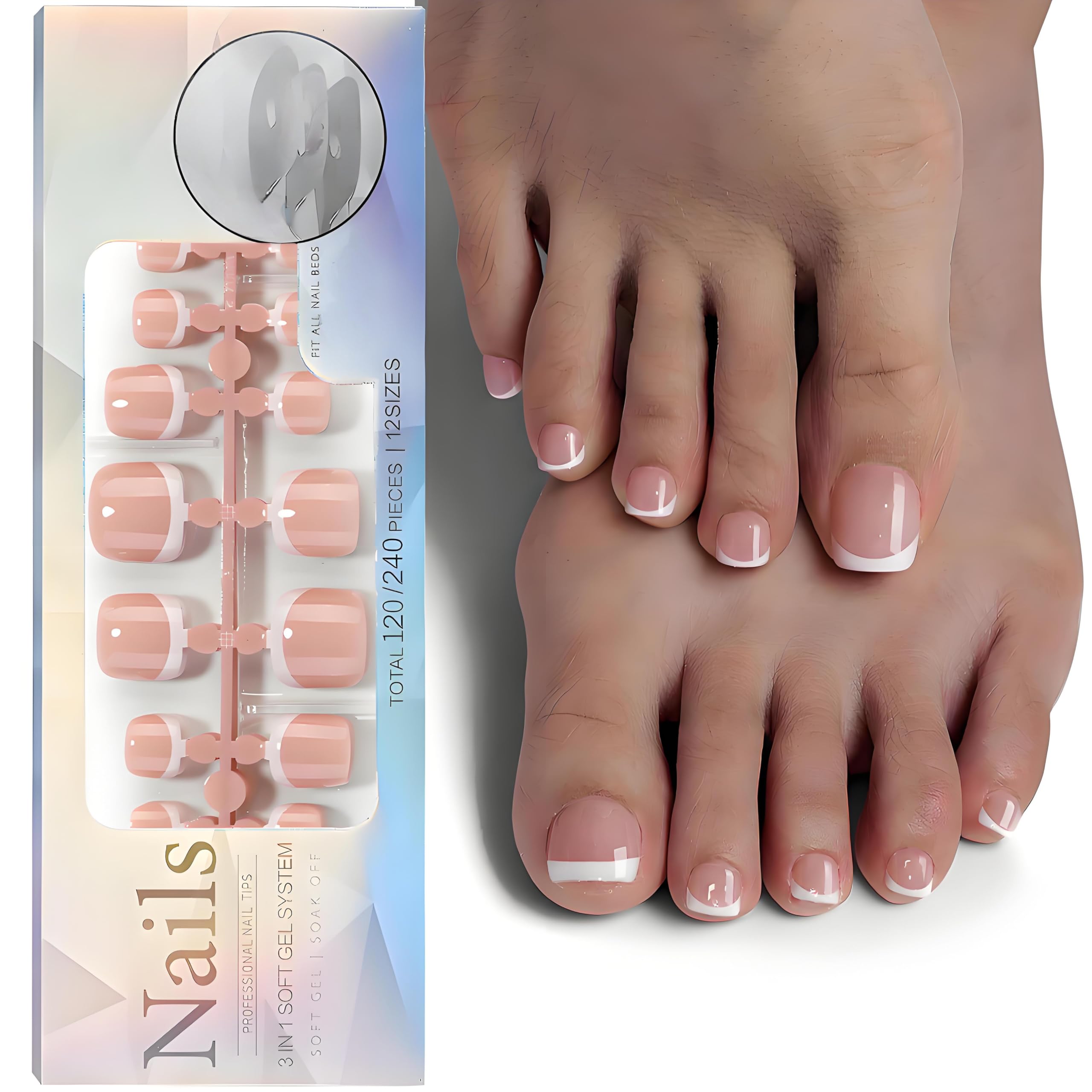 120Pcs False Toenails Set, Natural French Tip Press On Nails - Image 2
