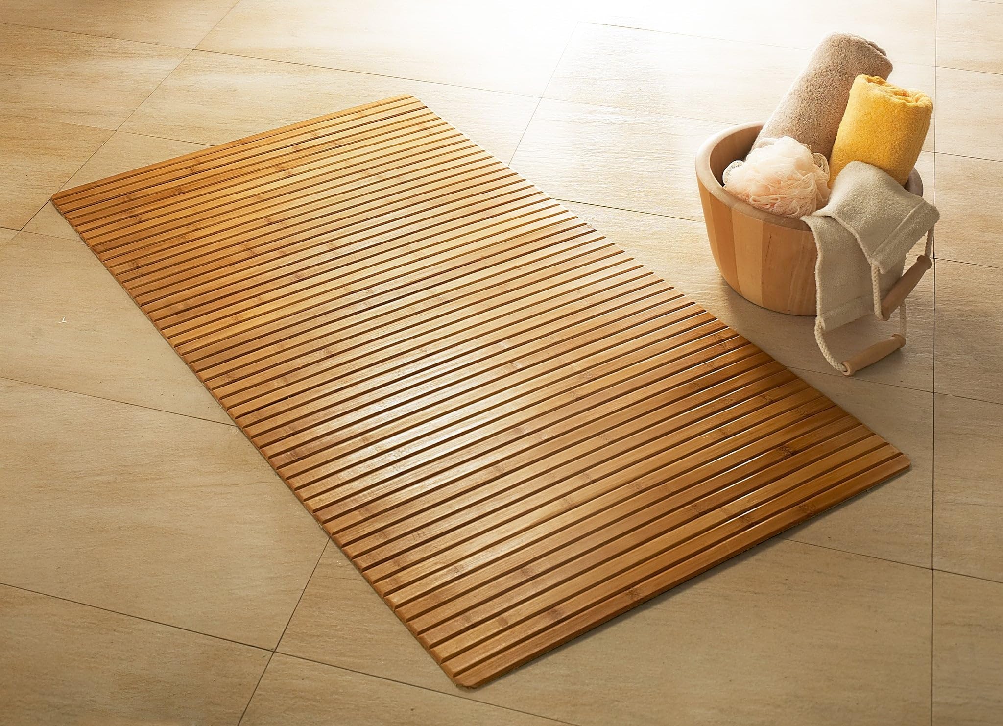 Kleine Wolke Tapis de Bain en Bambus Naturel 60 x 115 cm | Base antidérapante, compatible avec chauffage au sol, bambou