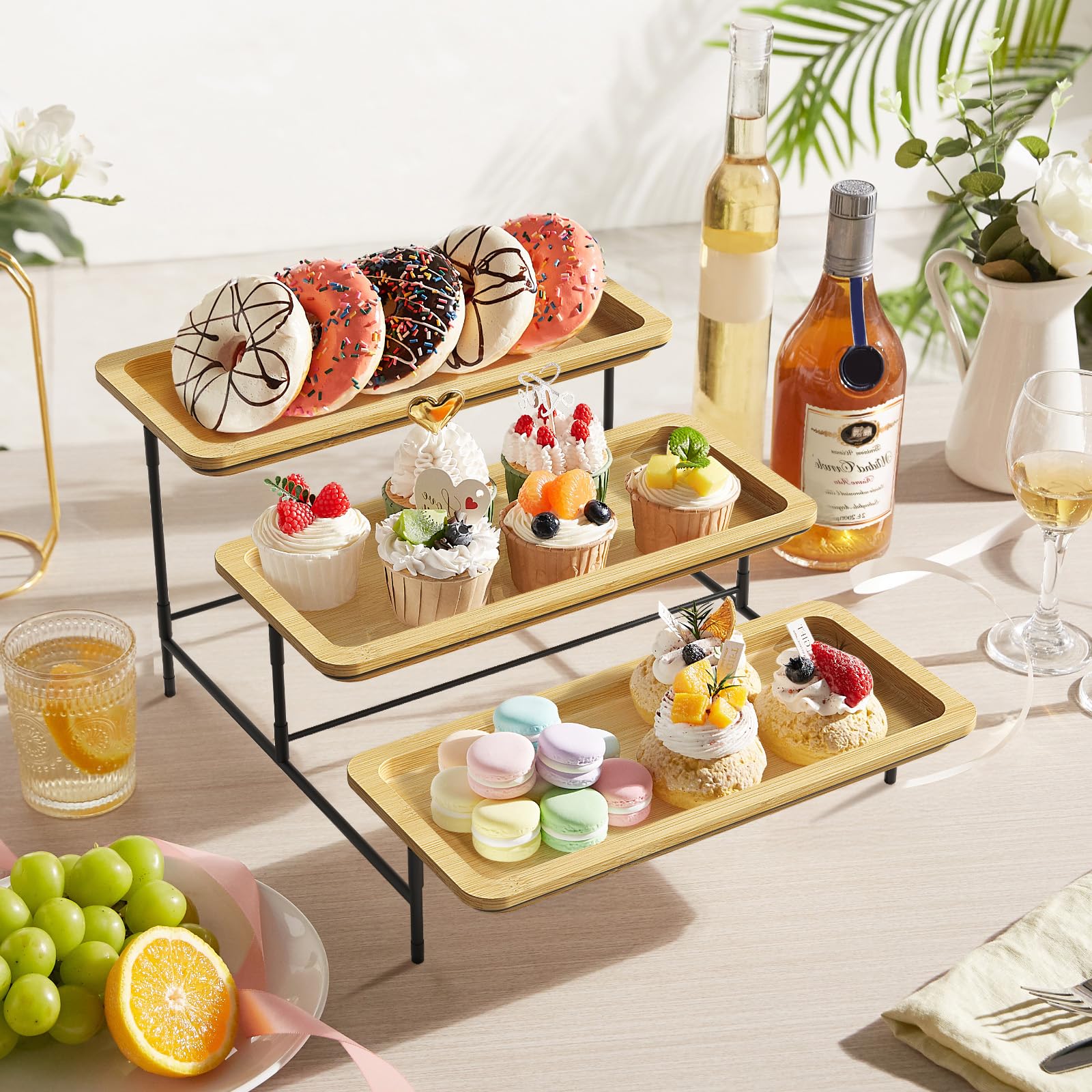 Lifewit Plateau de service 3 étages en bambou - 30 x 17 cm - Support métal noir - Accessoires de fête, buffet - Réutilisable pour légumes, fruits, desserts