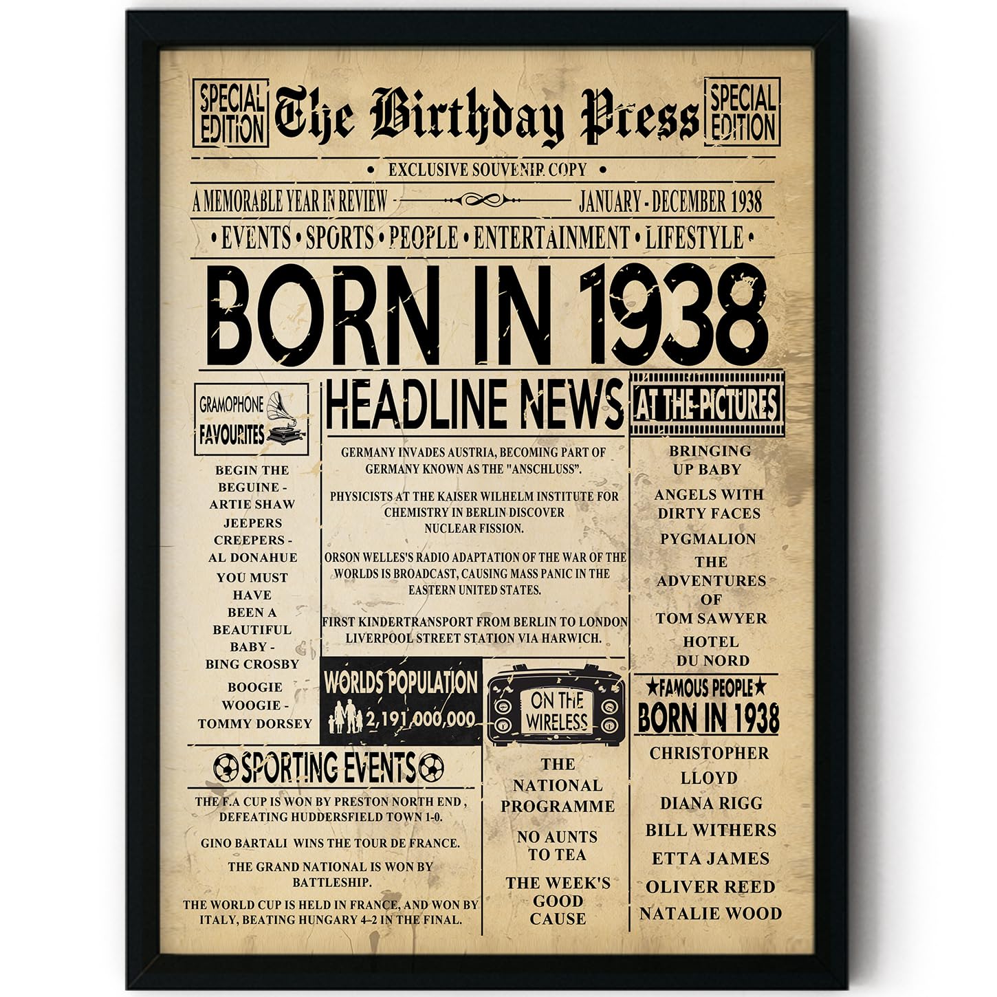 Stuff4 88th Birthday Poster Framed - Born In 1938 Vintage Newspaper - Happy 88th Birthday Gifts for Women Men Retro Back In 1938, 8x10 Inch Decor Decoration Bday Party