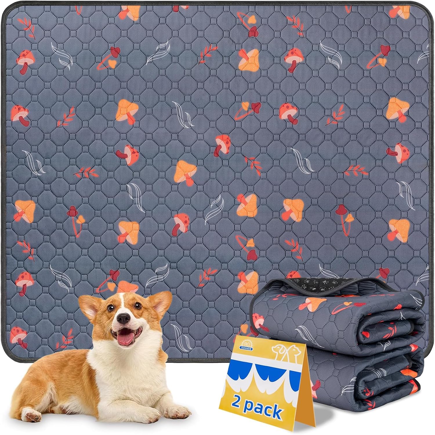 Sunheir Washable Pee Pads for Dogs, 2-Pack Reusable Puppy Training Mats, Waterproof Non-Slip Wee Wee, Absorbent and Leakproof for Potty, Crate, Playpen, Bed, Grey, 48"x 60"