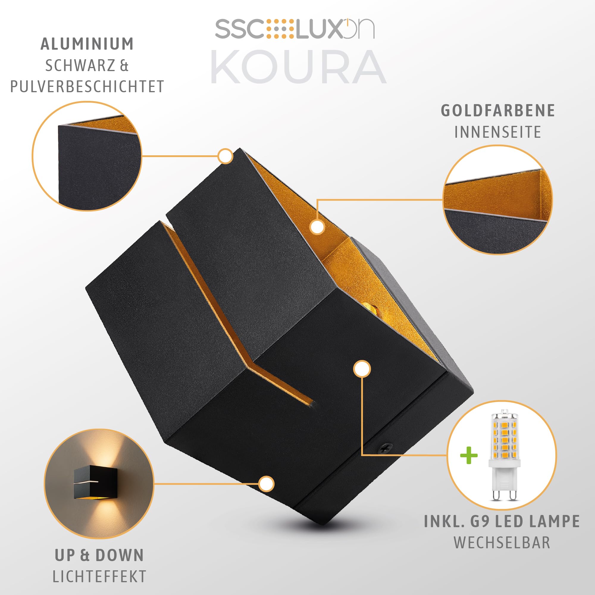 SSC-LUXon KOURA Wandleuchte Innen 4er schwarz mit Lichtschlitz - Wandlampe Gold Design Up Down Leuchte inkl. G9 LED warmweiß