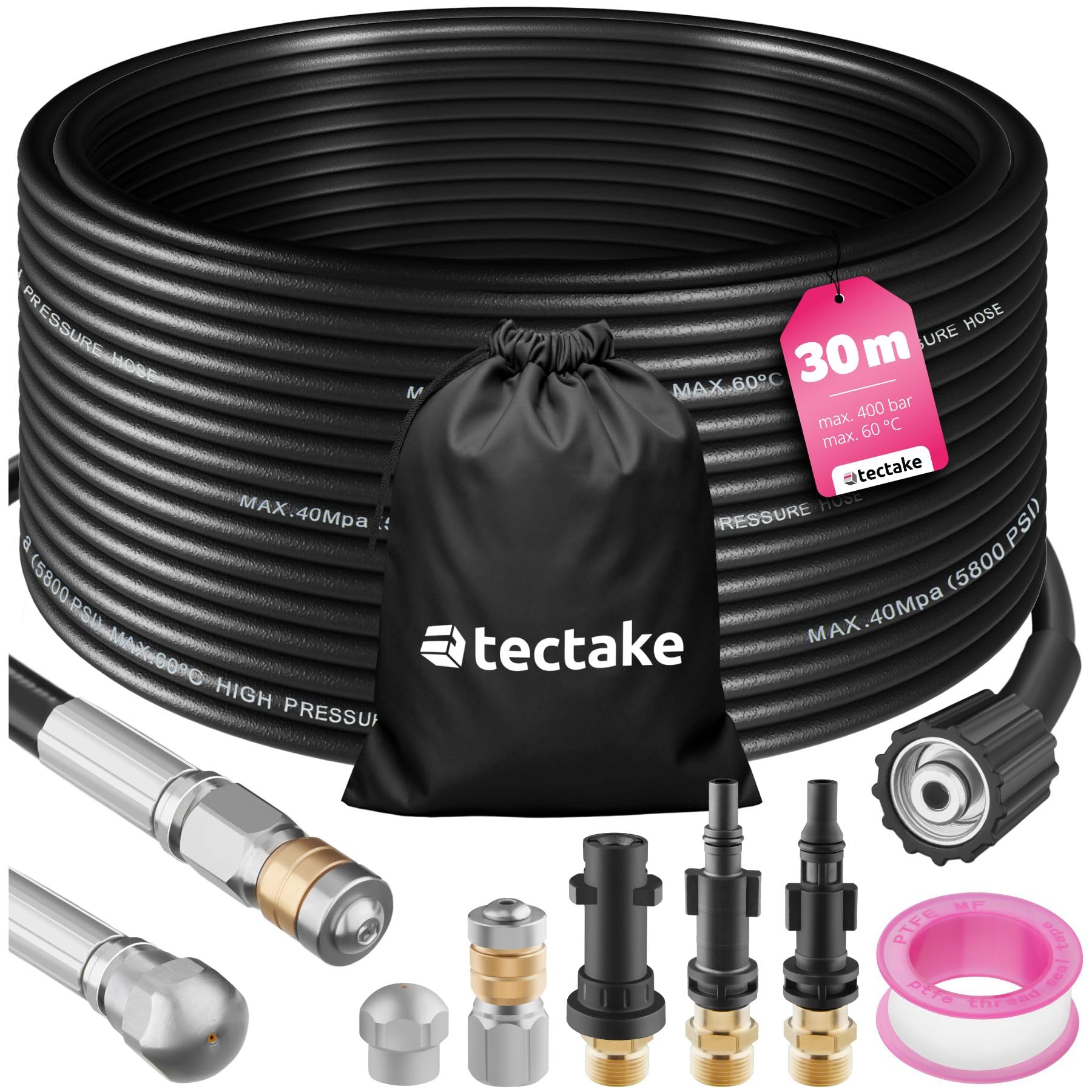 tectake® Set de Tuyau fléxible 30m pour nettoyeurs haute-pression Déboucheur canalisation Déboucheur Evier WC Douche avec 2 buses & 3 adaptateurs, Accessoires nettoyeurs haute pression