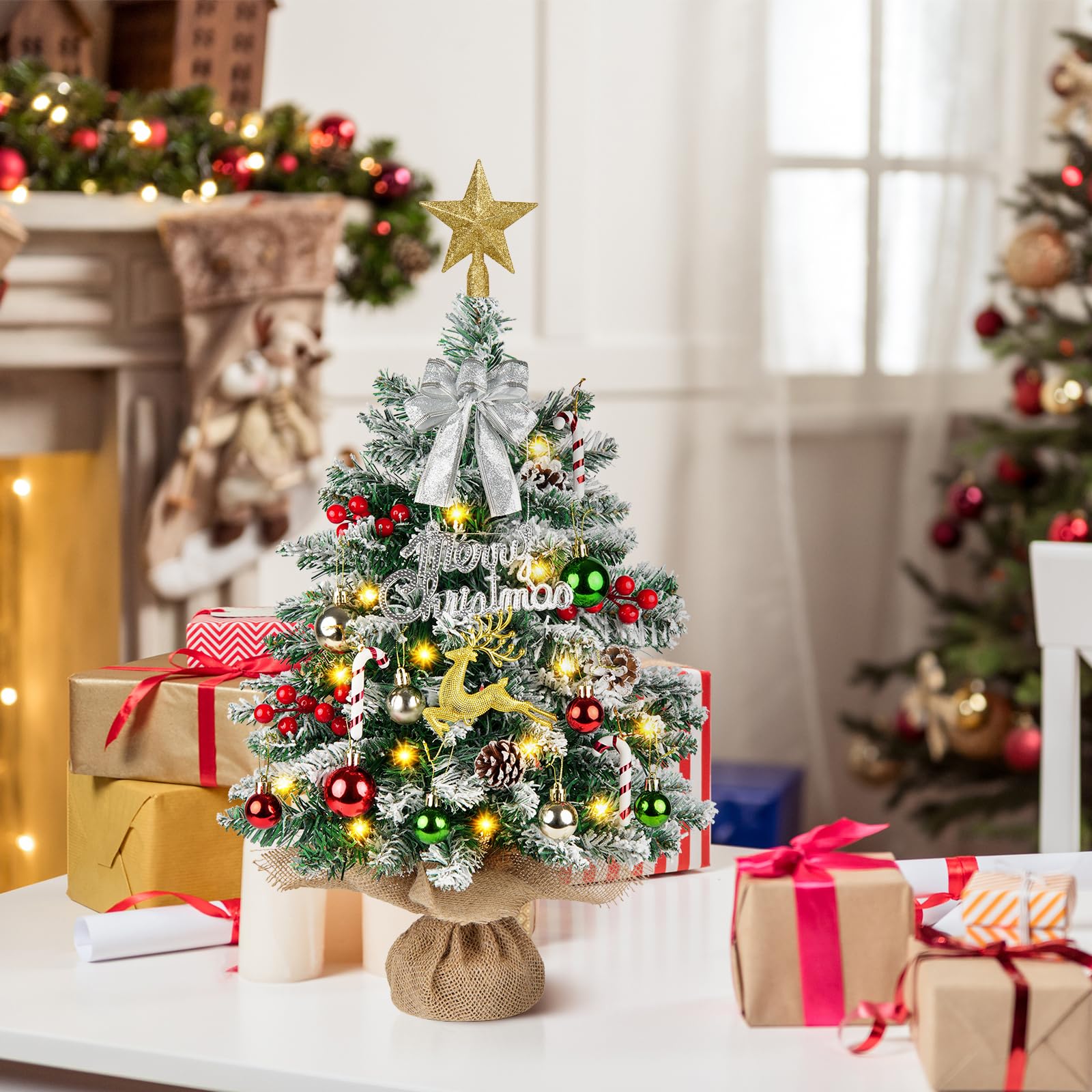 Mini sapin de Noël artificiel avec 40 lumières - 61 cm / 61 cm - Petit sapin de Noël artificiel avec décorations de Noël pour cheminée, cheminée - Décorations de Noël