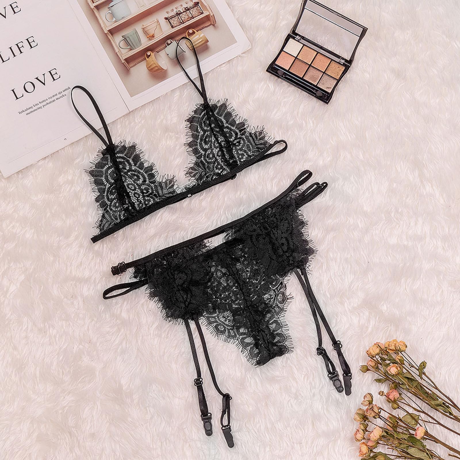 RWRAPS Lingerie Sexy per Donna Taglie Forti Reggicalze Sexy da Donna con Fascia in Pizzo e Reggiseno Lingerie Nero