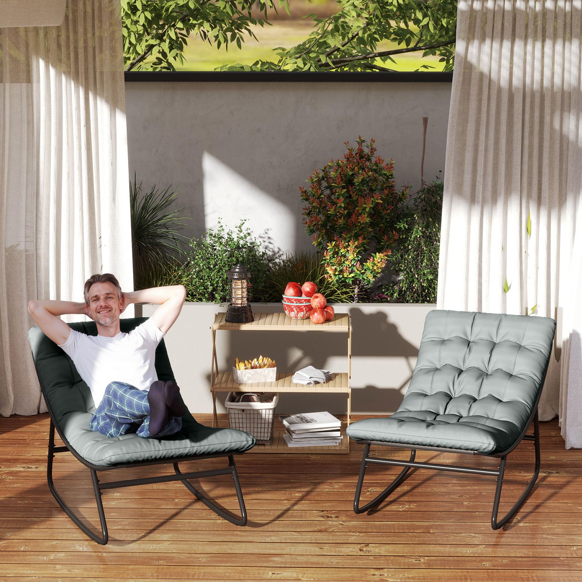 Outsunny 2er-Set Outdoor-Schaukelstühle, Schaukelstühle mit dicken Kissen, Sitz aus atmungsaktivem Textilene-Gewebe und Stahlrahmen, Schaukelstuhl für den Außenbereich, Garten, Terrasse, Patio,