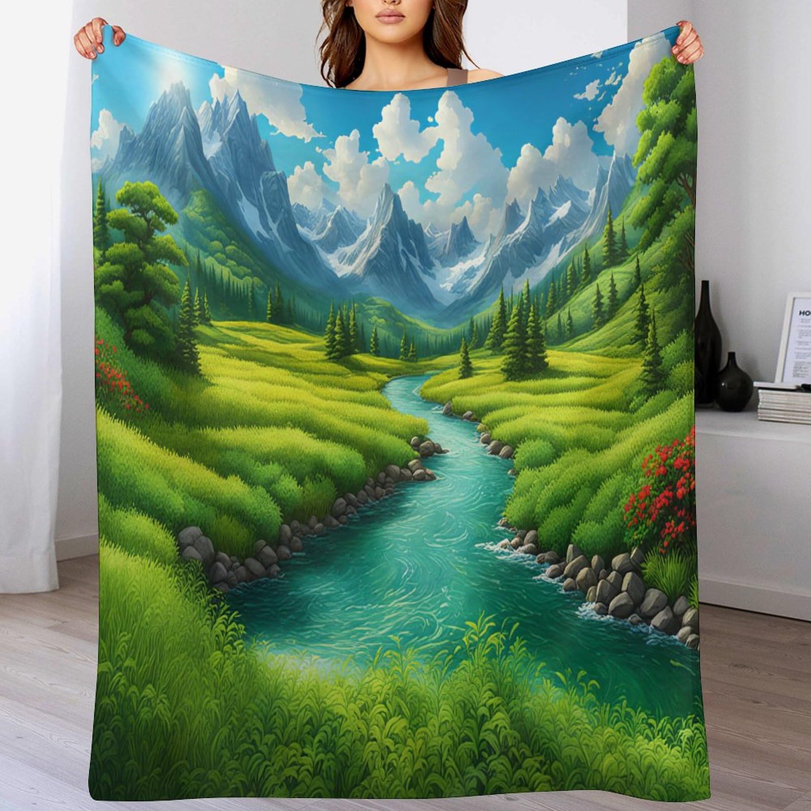 Paysage de Montagne Plaid Couverture Polaire, Couvertures Polair Flanneladaptée Aux Canapés Et Aux Lits - Chaud, Facile À Entretenir 180×200cm