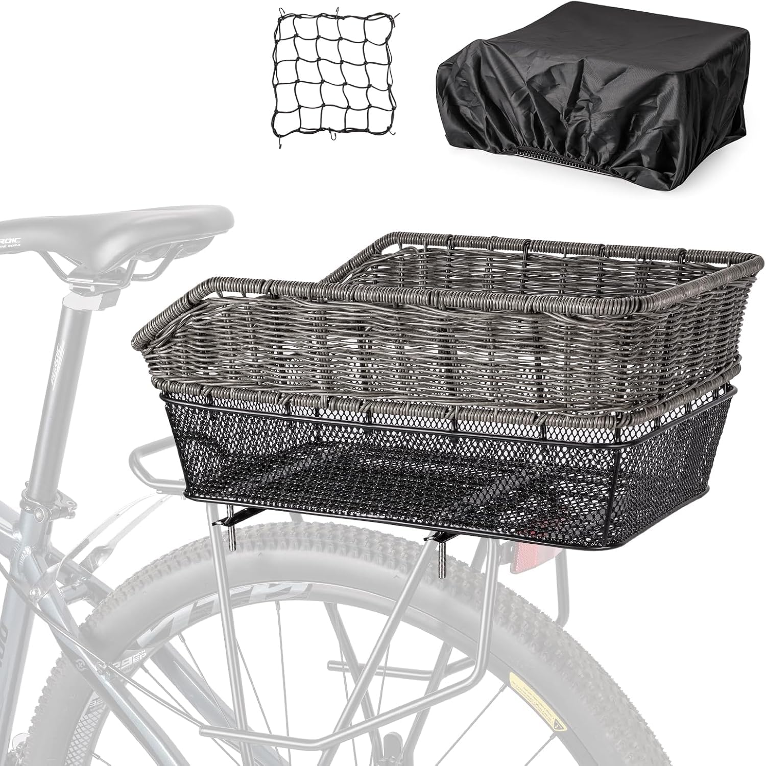 CXWXC Tylny kosz rowerowy z siatką ładunkową i grubą podszewką rowerową