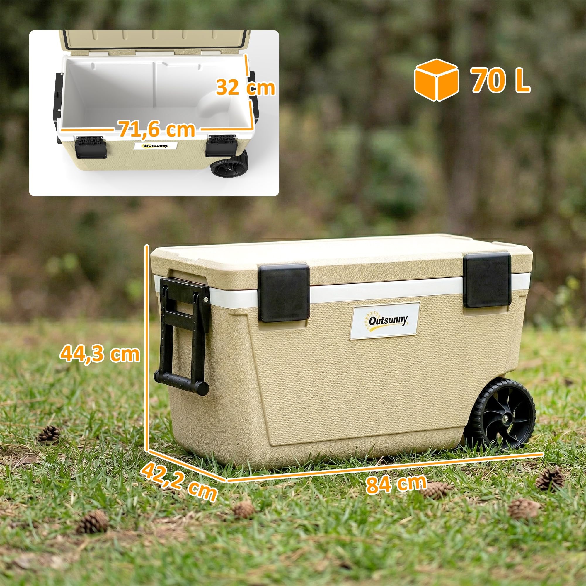 Outsunny Contenitore refrigerante da 70 l, grande contenitore termico passivo fino a 72 ore, con isolamento in schiuma PU, con valvola di scarico, portatile, in plastica, senza corrente, per campeggio
