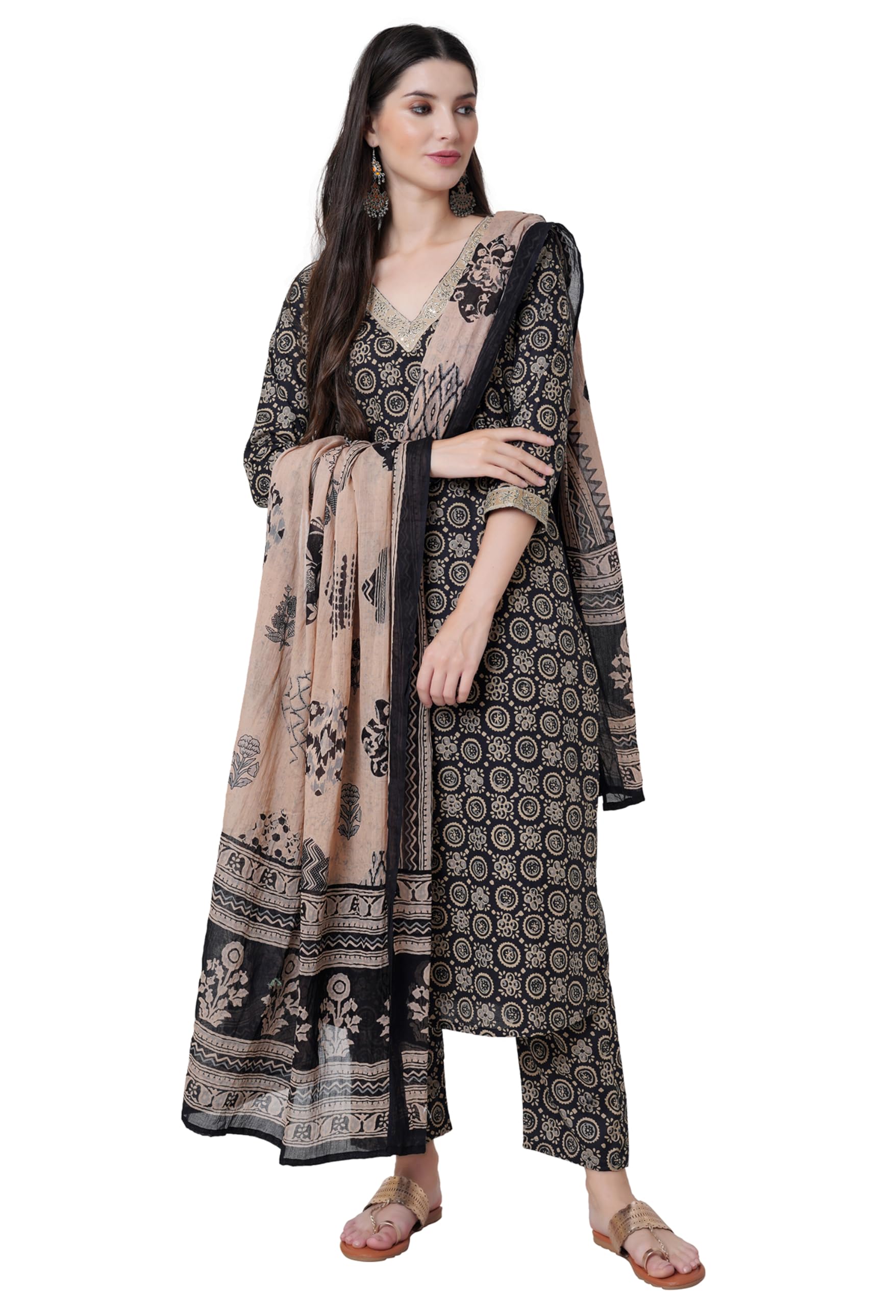 AraynaWomen's Cotton Block Printed Straight Kurta with Palazzo Pants and Dupatta Set