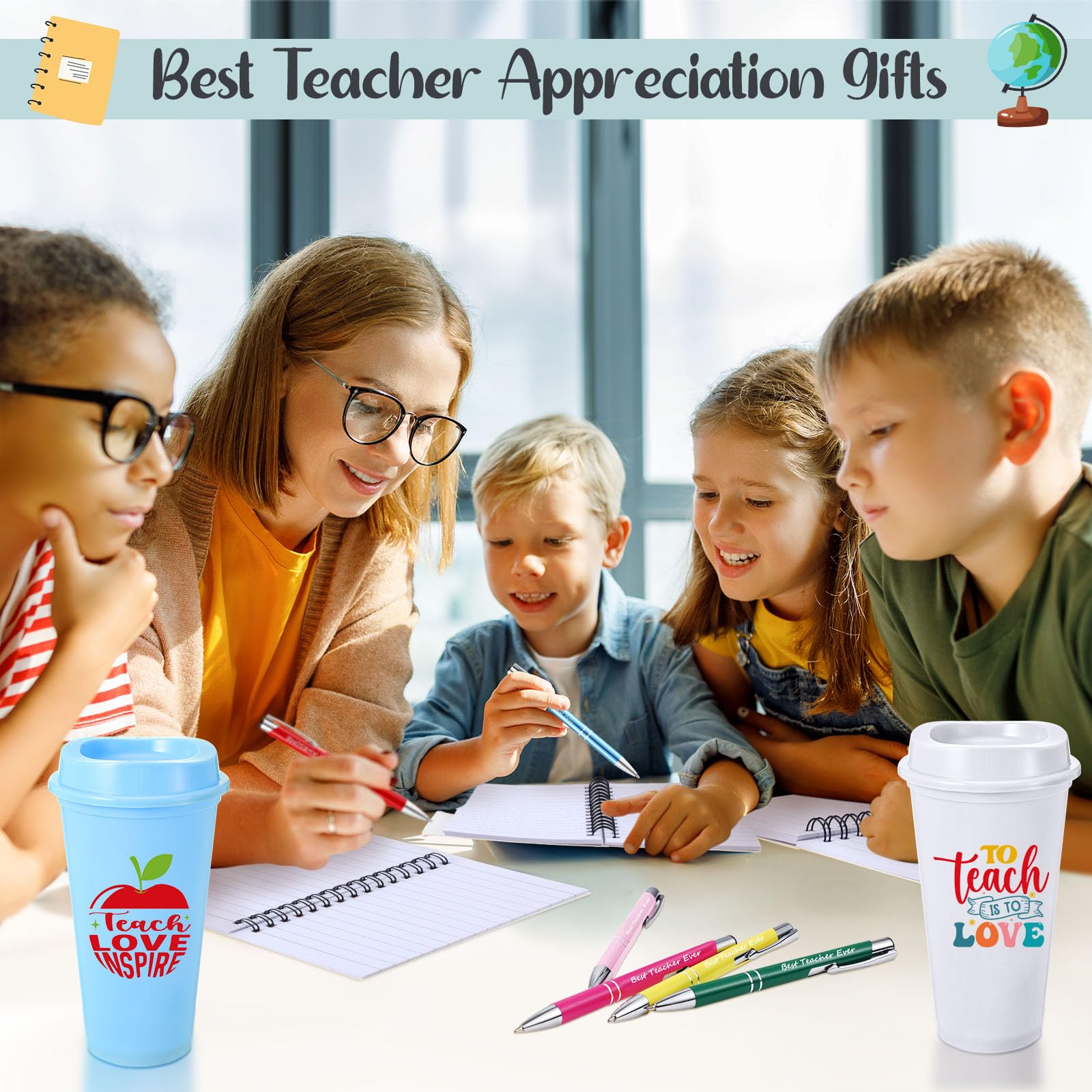 Teenyyou Juego de 72 piezas de regalo de agradecimiento para profesores, incluye tazas de café de plástico de 16 onzas con tapa, cuadernos motivacionales y bolígrafos para mujeres, profesoras