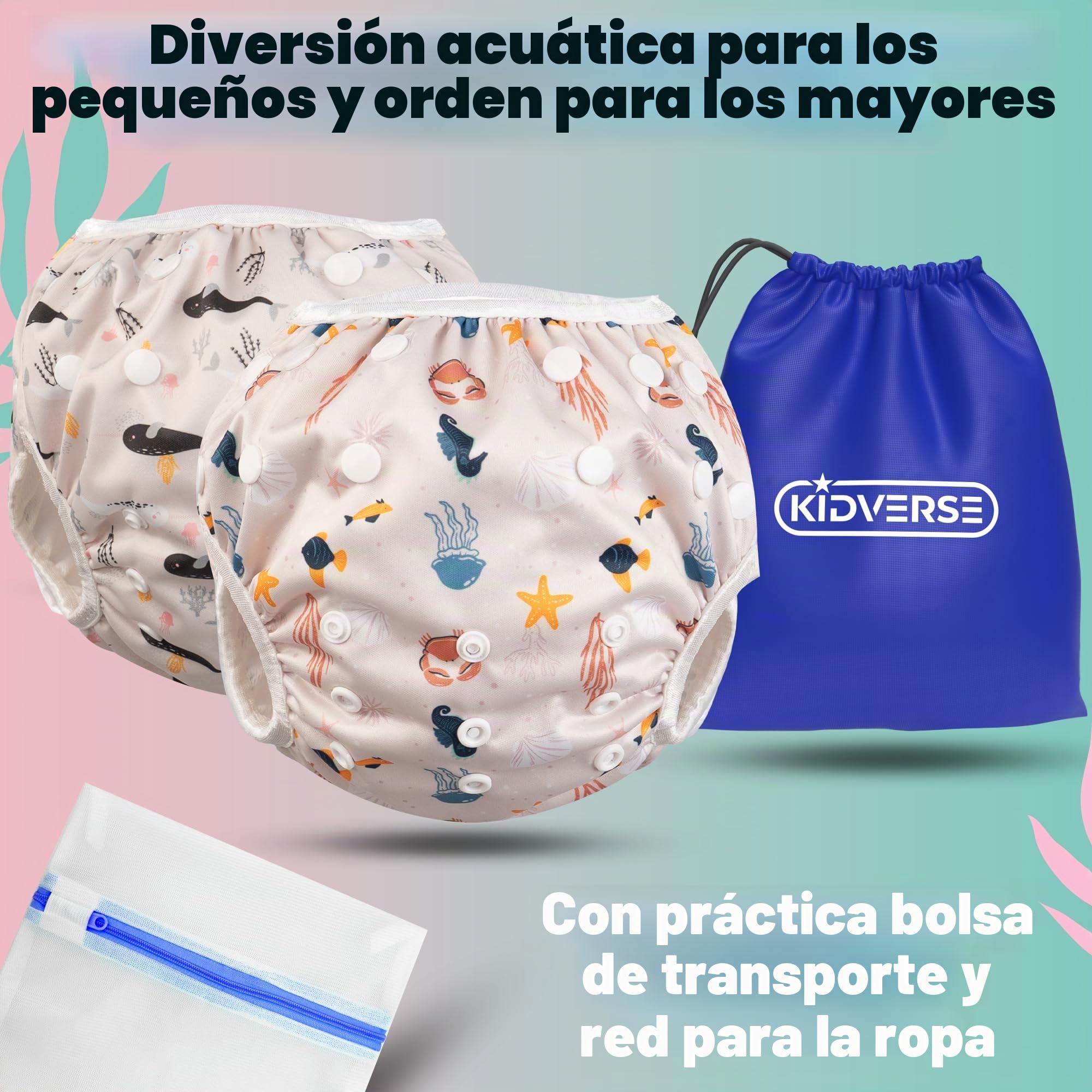 KIDVERSE set de 2 pañales acuáticos para bebés de 0 a 3 años - pañales de piscina reutilizables y suaves para la piel, con bolsa y red para el lavado