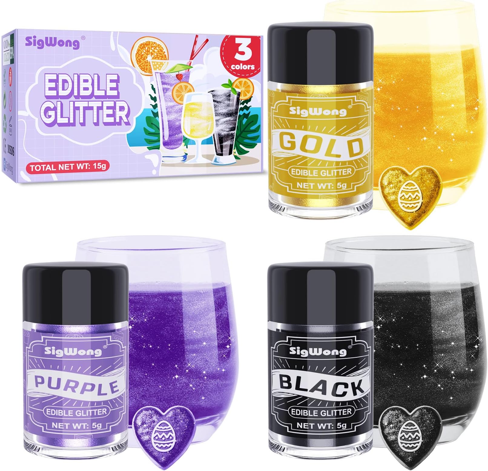 Edible Glitter Set, 3 Colors Luster Dust Edible Glitter, Food Grade Metallic Food Decorating Sprinkle Dust for Drinks Wine, Powder Glitter for Fondant, Chocolate, Candy, Cookie, 5g/0.18oz, Vegan