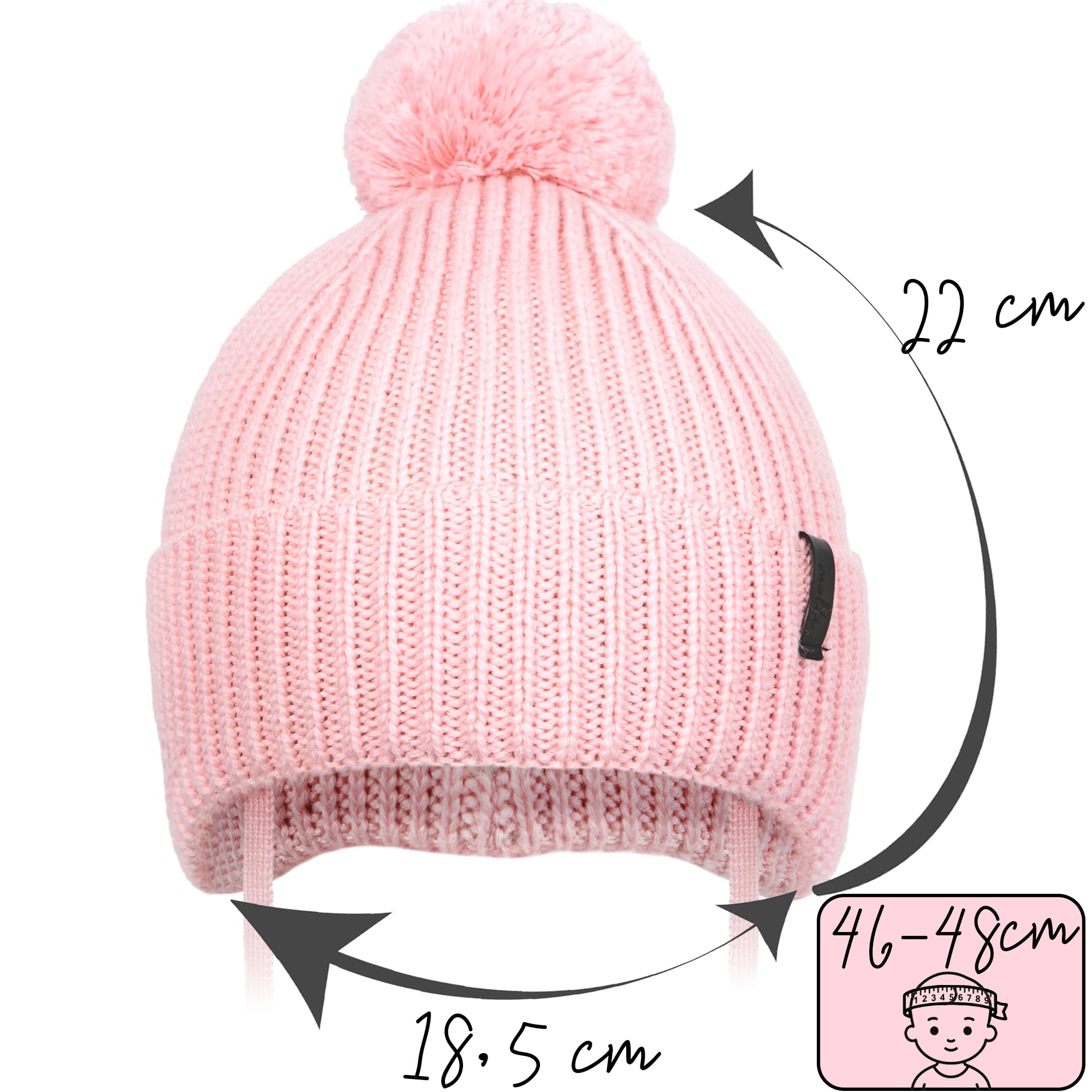 molti Dziecięca czapka zimowa beanie ze 100% wełny merino z podszewką z polaru, czapka z dzianiny z tasiemkami i pomponem, ciepła i miękka, Öko-Tex, rozmiar 46-48, brązowa