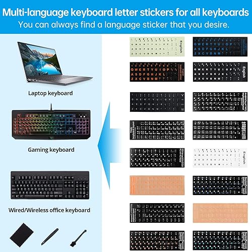 Miniatura 6 de Adhesivos para teclado inglés, 5 en 1, adhesivo de repuesto para teclado inglés con fuente blanca sobre fondo negro, universal para computadora de