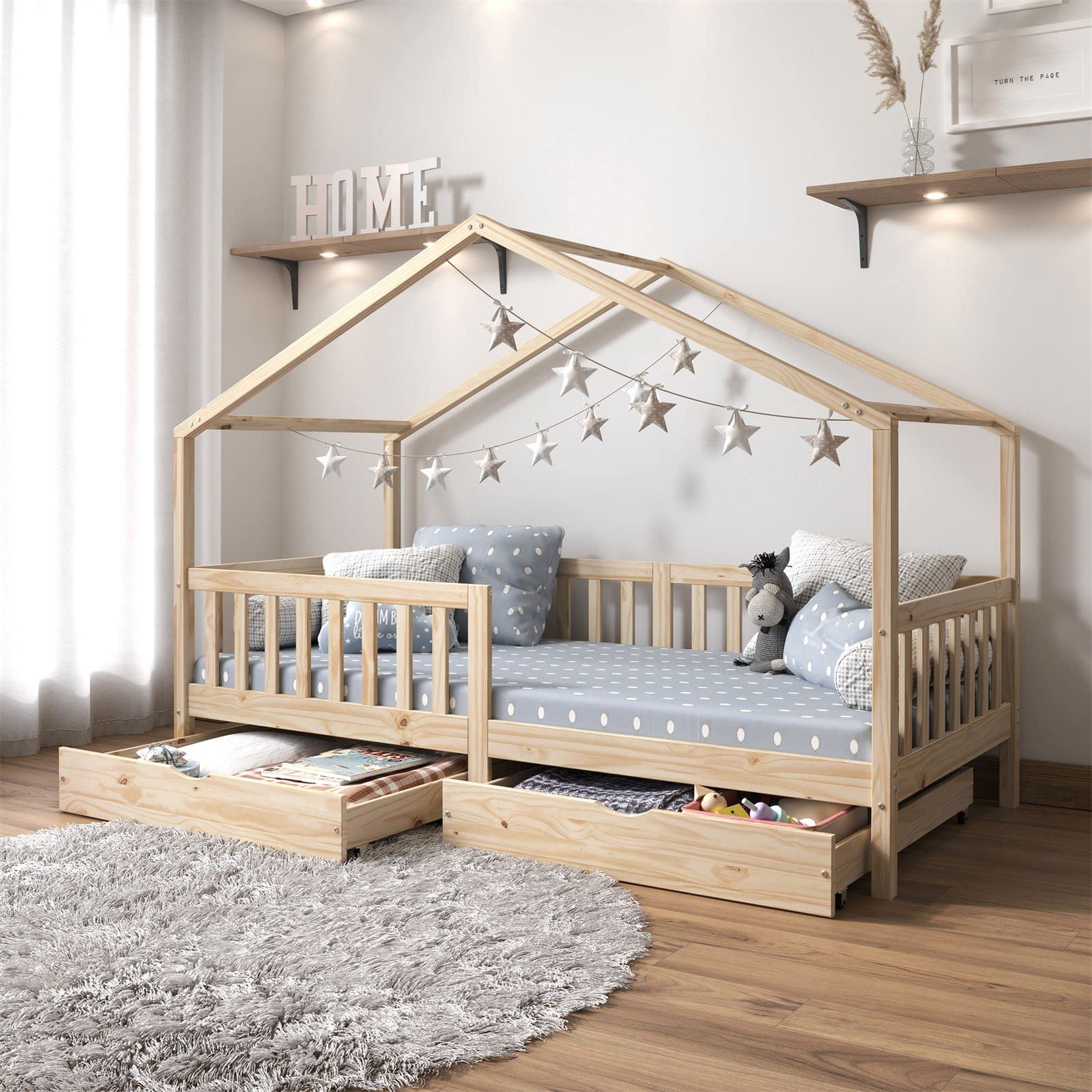 IDIMEX Lit cabane ELEA lit Enfant Simple Montessori 90 x 200 cm, avec 2 tiroirs de Rangement, en pin Massif à la Finition Naturelle