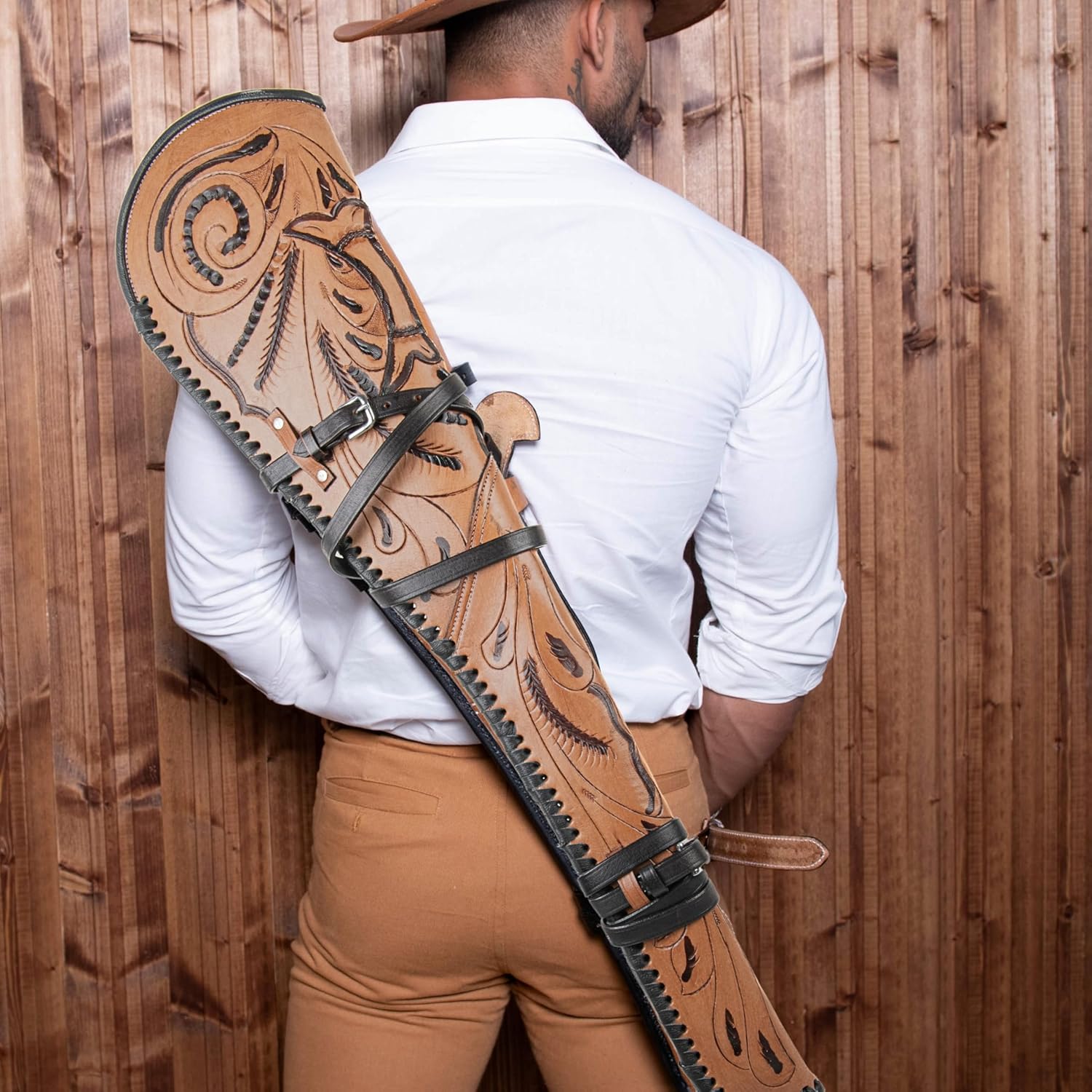 Hulara Real Leather Rifle Scabbard for Lever Action Rifle Case Shotgun Scabbard Carved Saddle Scabbard For Henry Big Boy Rifle With Padded Interior Protection