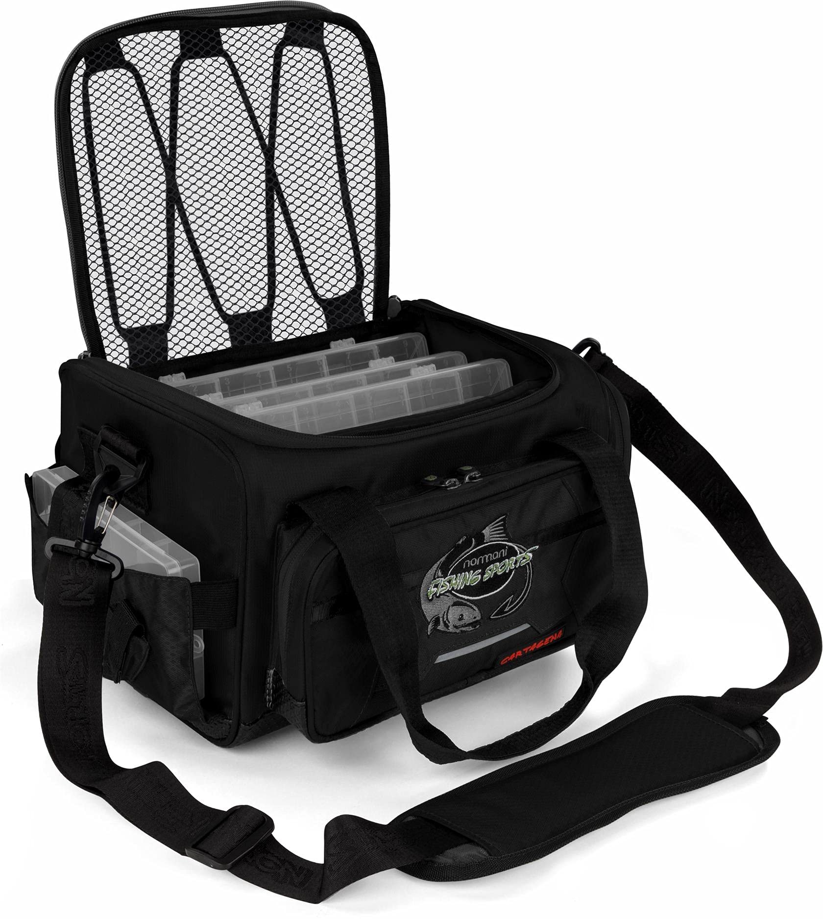 normani Angeltasche Anglertasche mit Kunstköderboxen Fischertasche Karpfentasche Spinnangeltasche Forellentasche mit 4 Geräteboxen Tackle Bag Dunkelschwarz OneSize