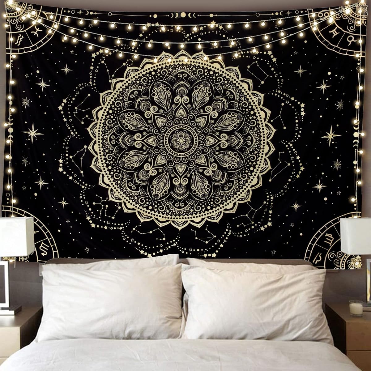 FLY SPRAY Black Golden Mandala Tapestry Astrology Space Wall Hanging Tapestries Wall tapestrys Large Aesthetic Hippie Decor Bohemian Art Boho Home Talestry for Bedroom,Living Room,Ceiling