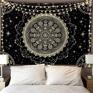 FLY SPRAY Black Golden Mandala Tapestry Astrology Space Wall Hanging Tapestries Wall tapestrys Large Aesthetic Hippie Decor Bohemian Art Boho Home Talestry for Bedroom,Living Room,Ceiling