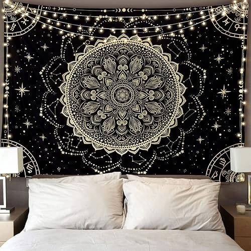 FLY SPRAY Black Golden Mandala Tapestry Astrology Space Wall Hanging Tapestries Wall tapestrys Large Aesthetic Hippie Wall Decor Bohemian Wall Art Boho Home Talestry for Bedroom,Living Room,Ceiling - 60L" x 52W"