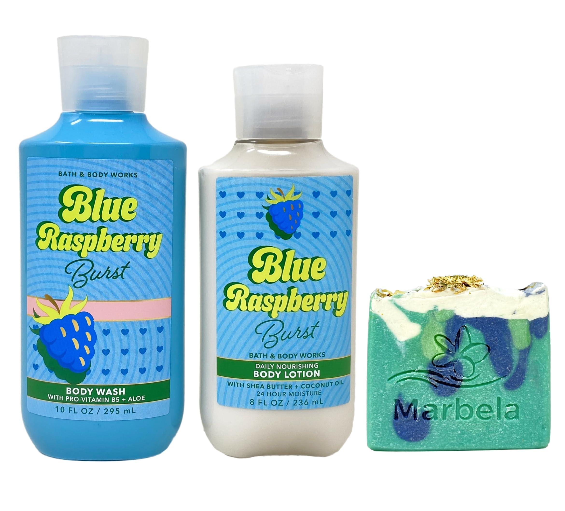 Bath & Body Works Blue Raspberry Burst Body Wash and Body Lotion Duo Set with an Aloe Vera Bar Soap - Full Size