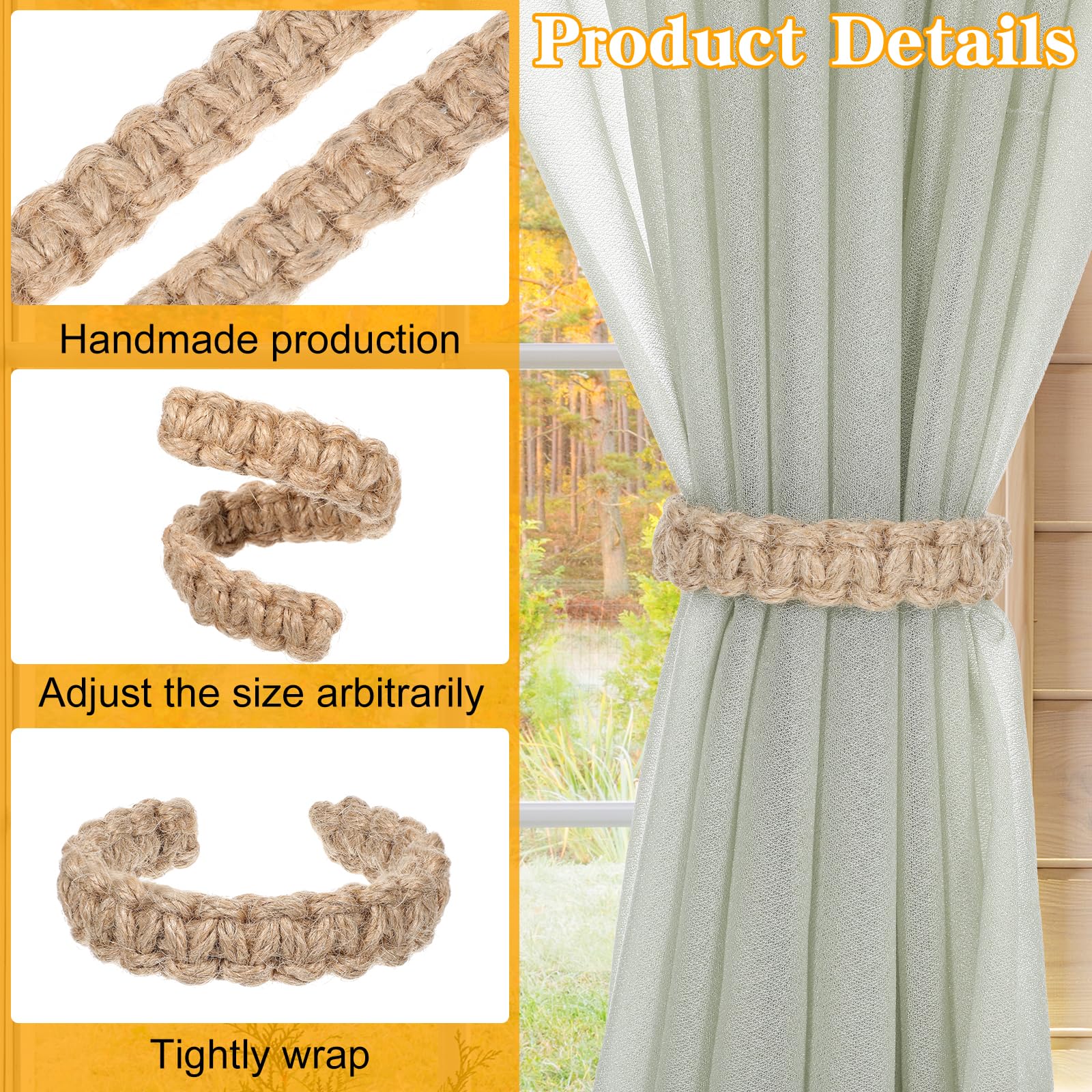 MAKNGRID Handmade Farmhouse Curtain Use Decor Rope Adjustable Outdoor Tieback for Tiebacks Curtain Indoor for Outdoor Boho Tie Hand Tiebacks Drapes Tieback Holdbacks 2 Flexible Pack Woven Braided 1