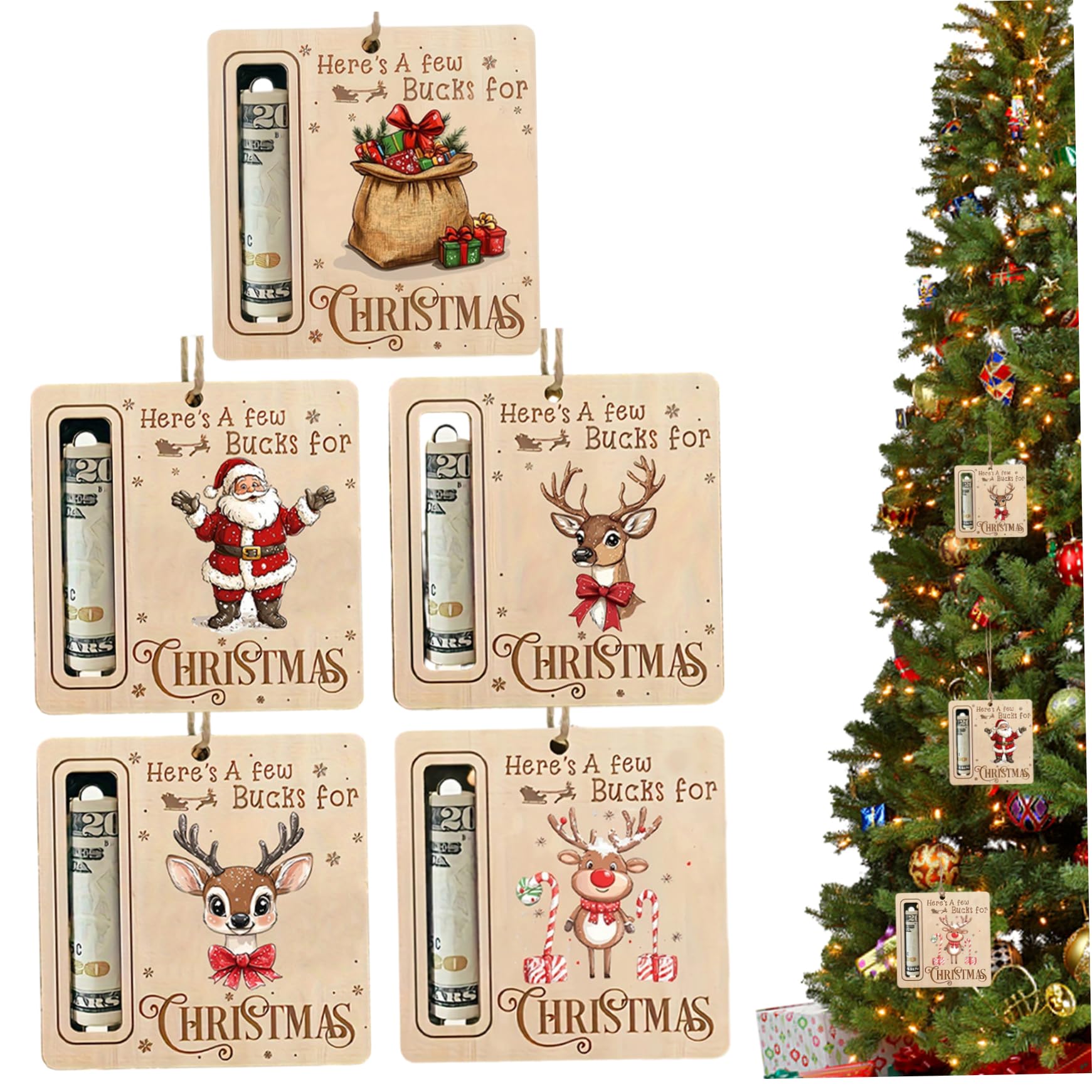 Christmas Money Holders for Xmas Tree, 5pcs Wooden Money Holder Christmas Tree Ornaments with Rope, Funny Box for Cash Checks Holiday