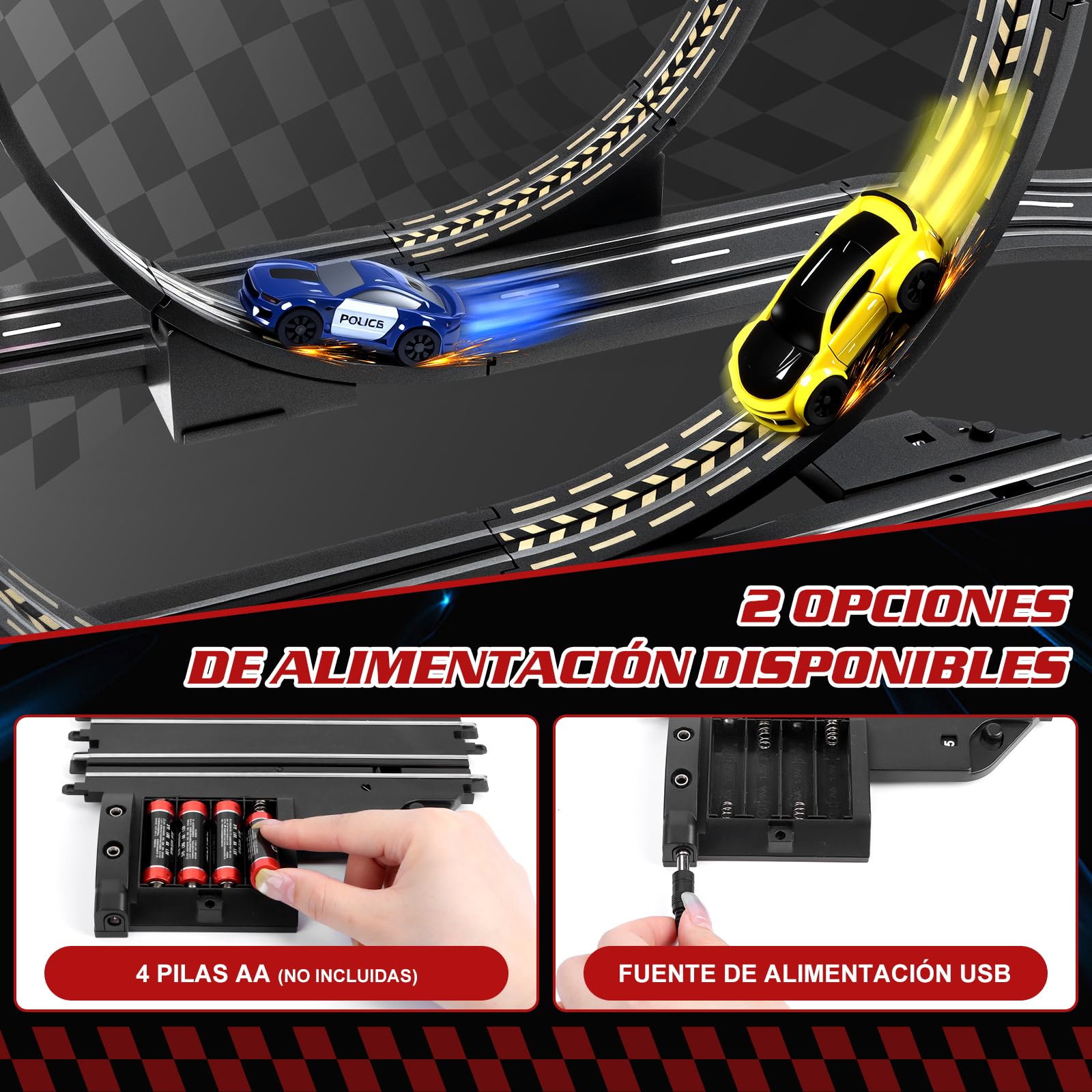 JONRRYIN Pista Carreras Electrica, Pista De Coches para Niños 1:64 Circuito Coches Pista Carreras Niños 3+ Años Juguete Regalos - 2 Coches, Bucle 360°, Contador Vueltas (308CM)