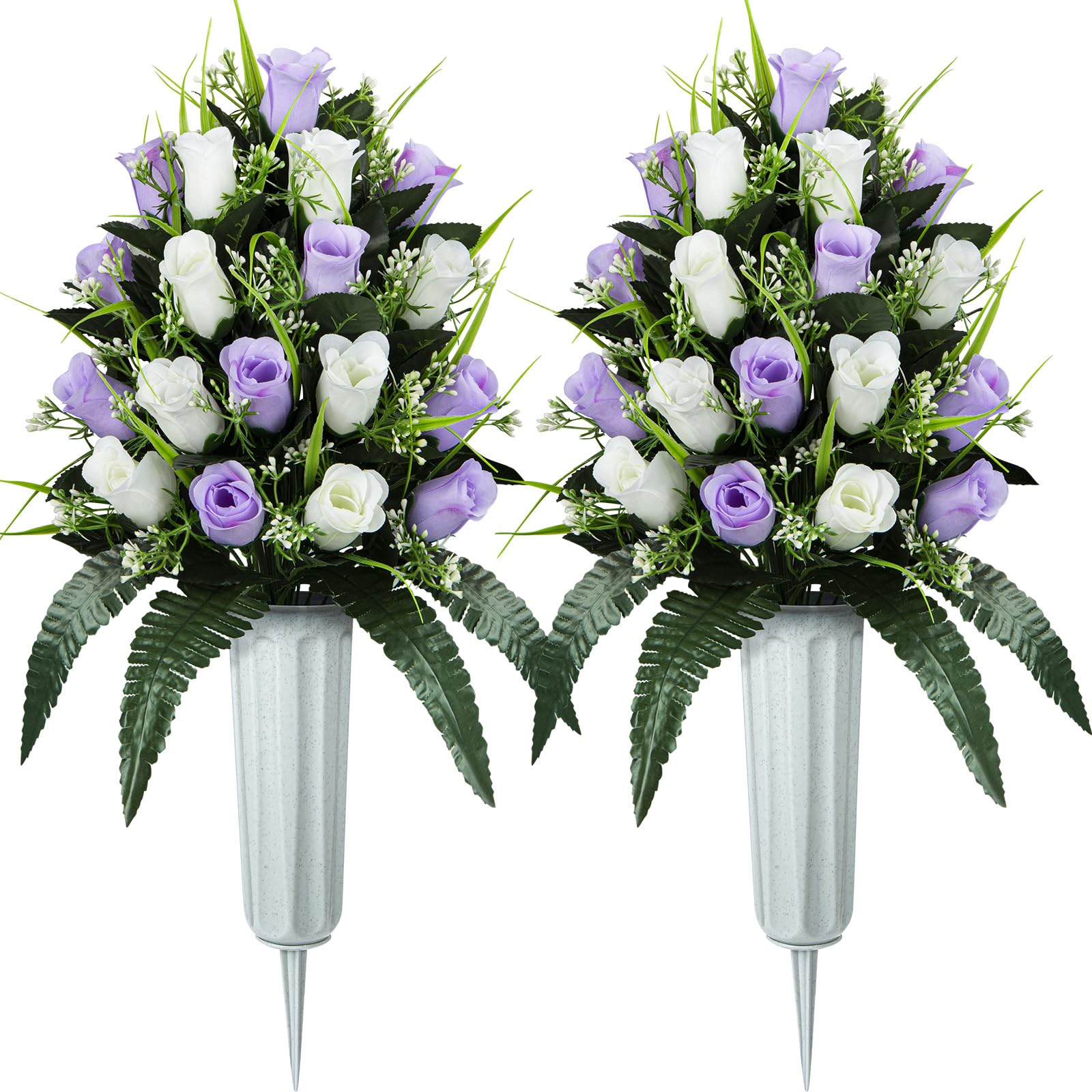 SIFOEL Artificial Cemetery Flowers - Set of 2 Grave Memorial Rose Flowers with Vase for Cemetery Headstones Gravesites Decoration (Light Purple&White)