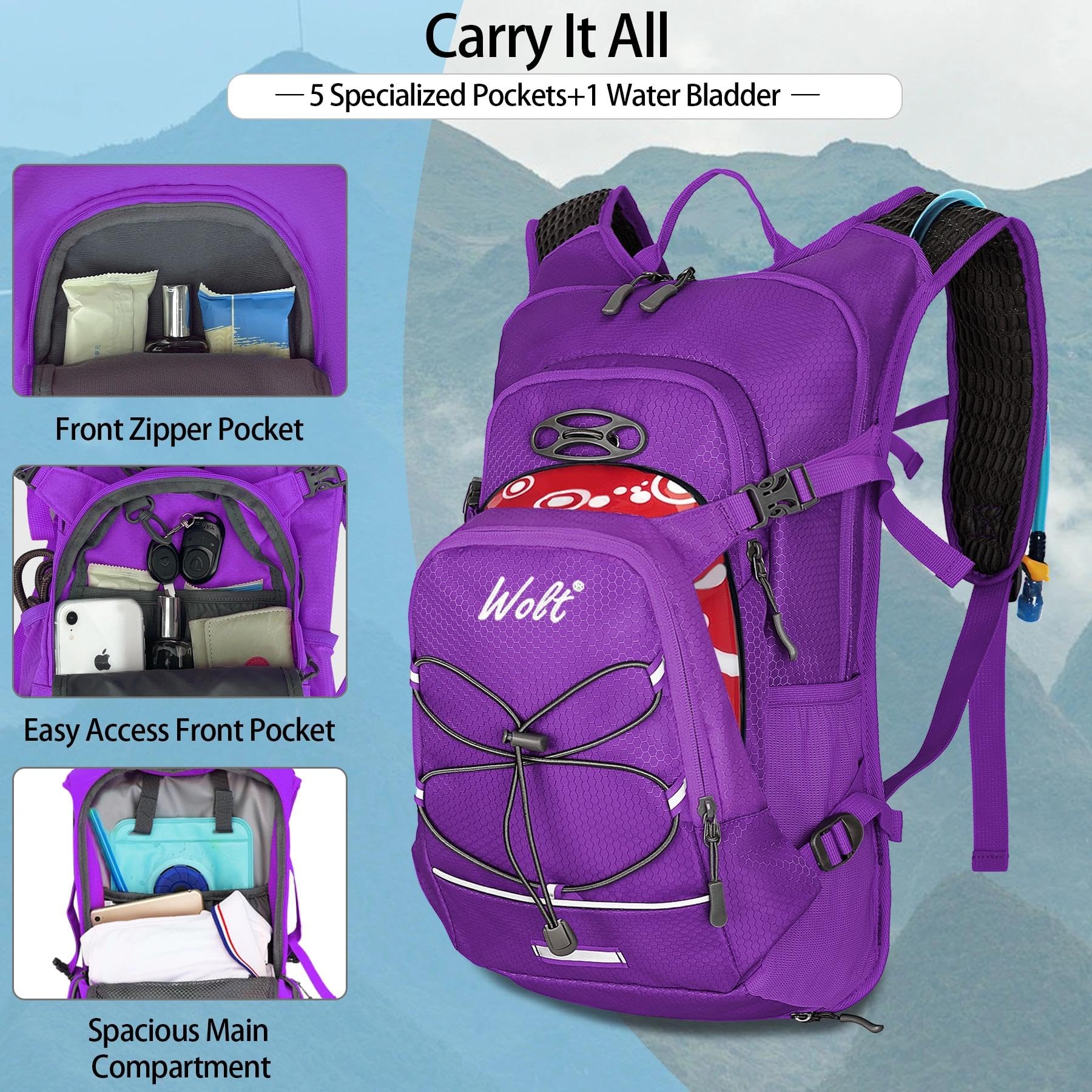 WOLT Sac à dos d'hydratation de 18 L avec poche à eau de 2 L pour homme et femme, sac d'hydratation pour la course à pied, le cyclisme, le vélo et l'escalade